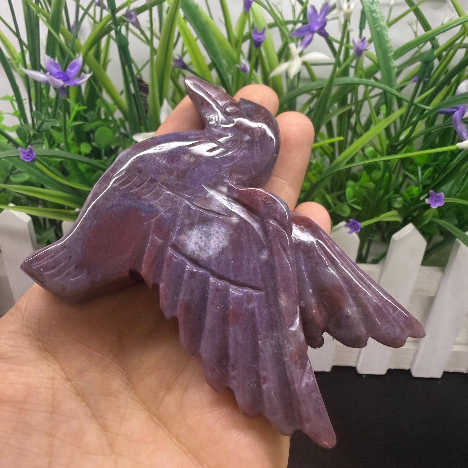 3.7″ natural ocean jasper Hummingbird Carved Reiki Crystal Skull Decor heal Gift