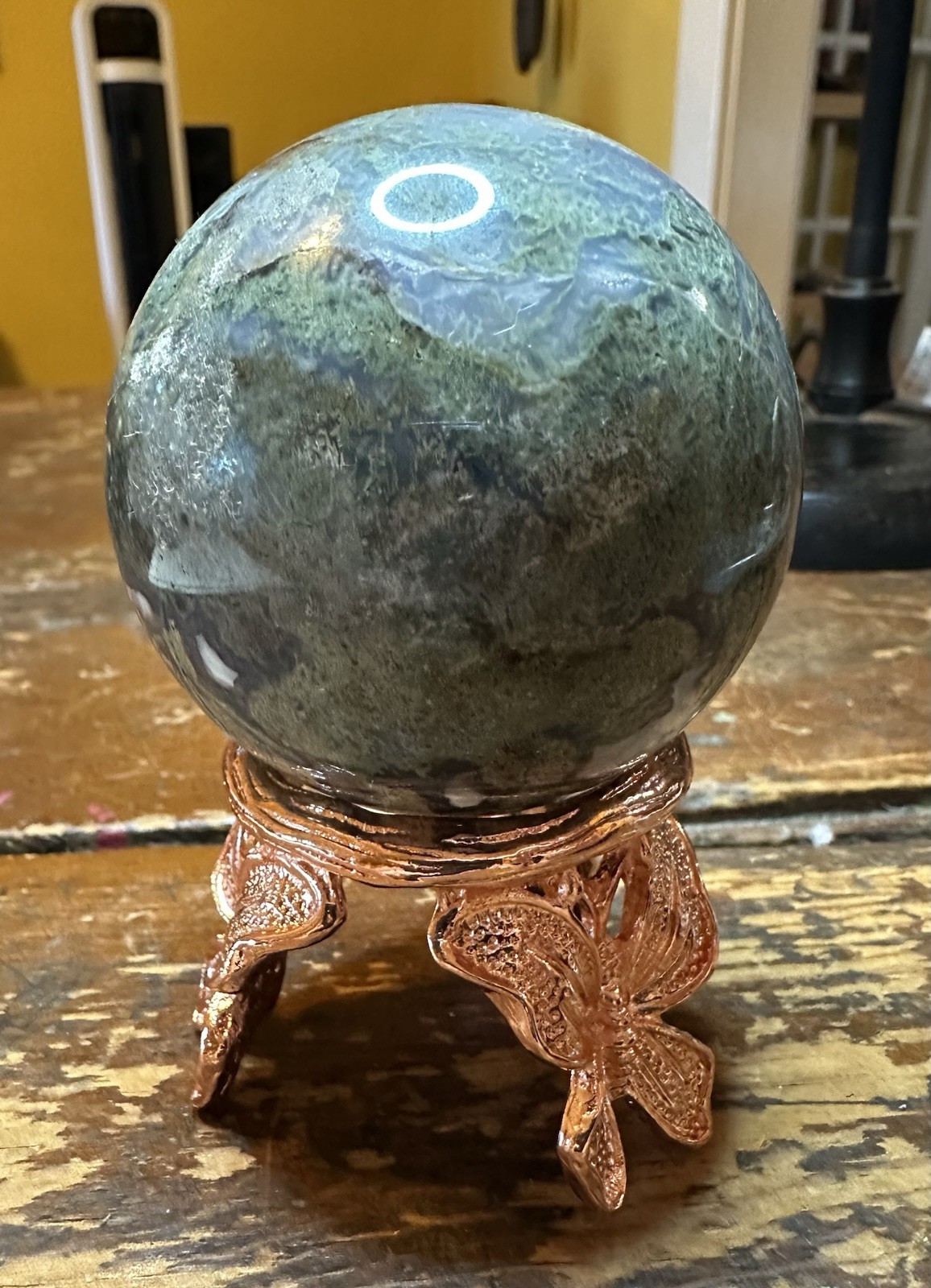 Green Moss Agate Sphere With Druzy And Butterfly Stand Free Shipping
