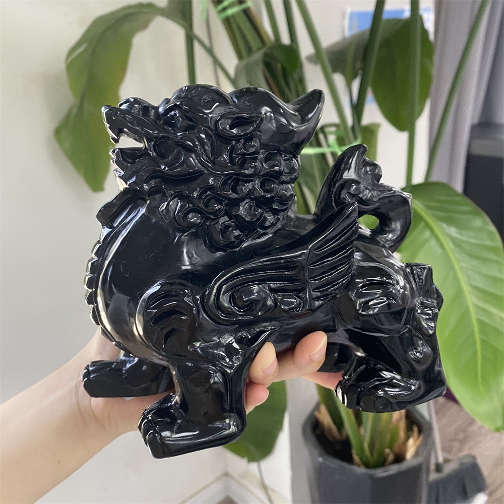 3.9LB 5.5″Natural A+Black Obsidian Kylin Statue Crystal Reiki Carving Decor