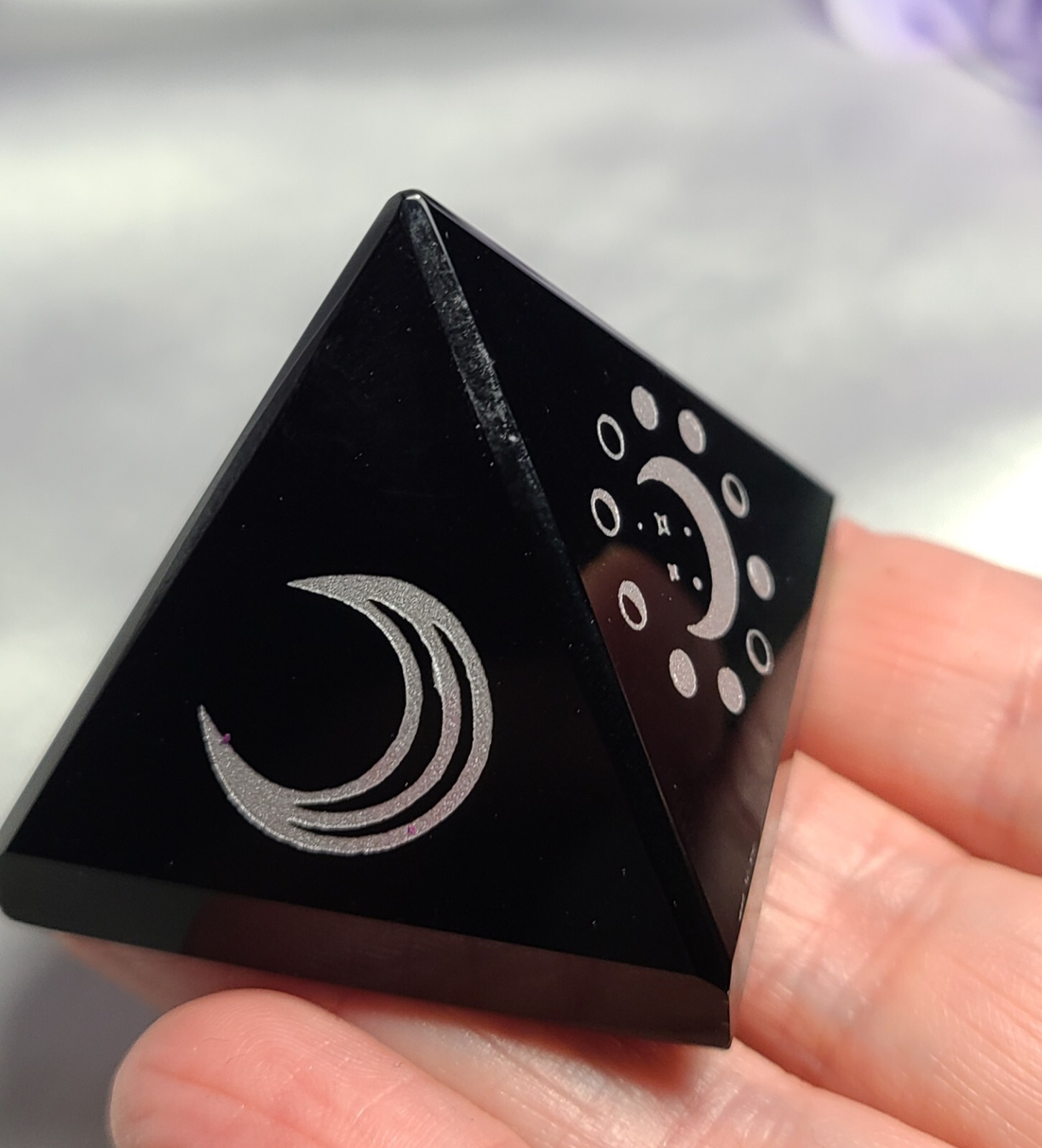 1.7″ Black Obsidian Sphere Crystal Pyramid Silver Engraved Moon & Stars Wiccan