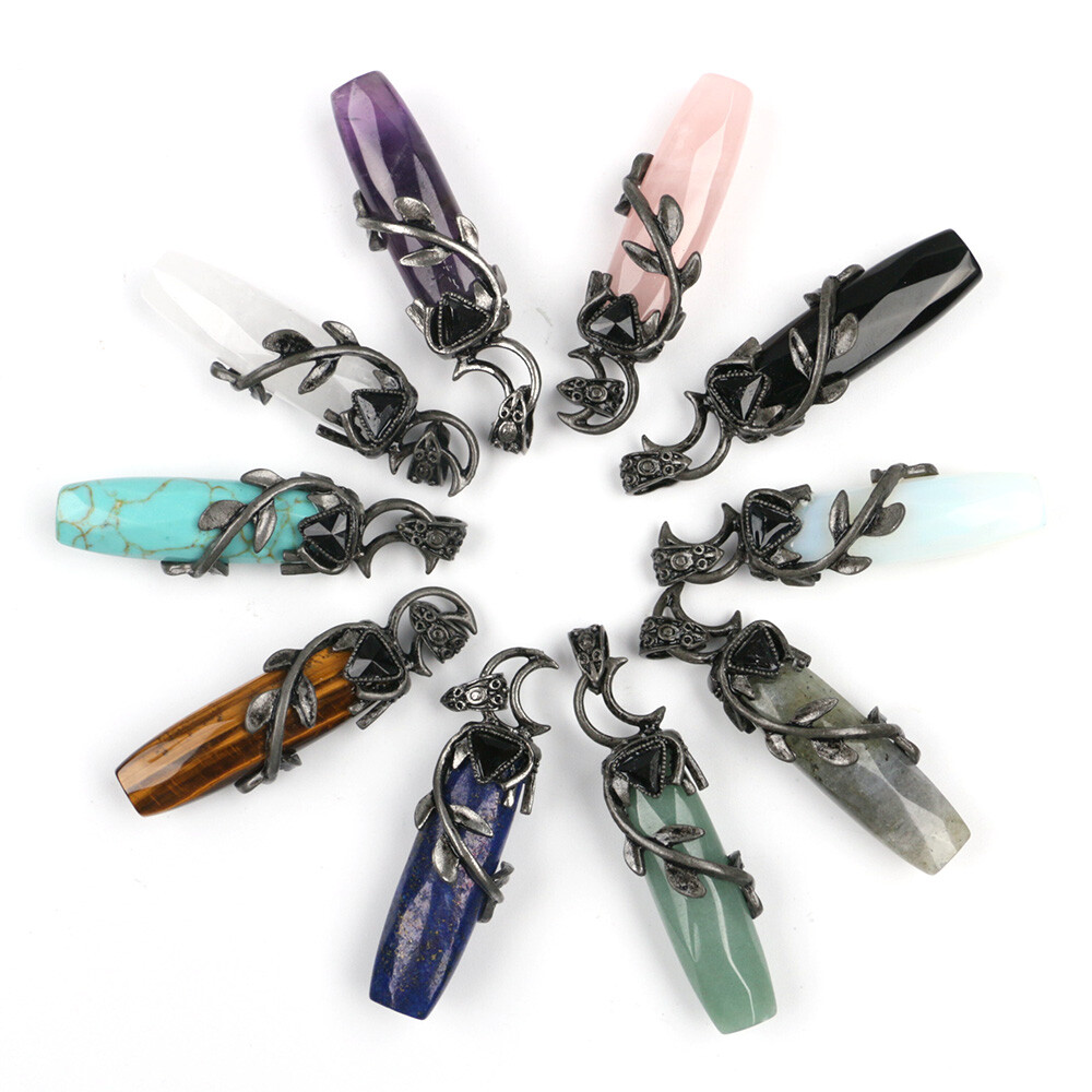 1pc Chakra Moon Pendants Obsidian Triangle Bead Crystal Faceted Wand Stick Vine