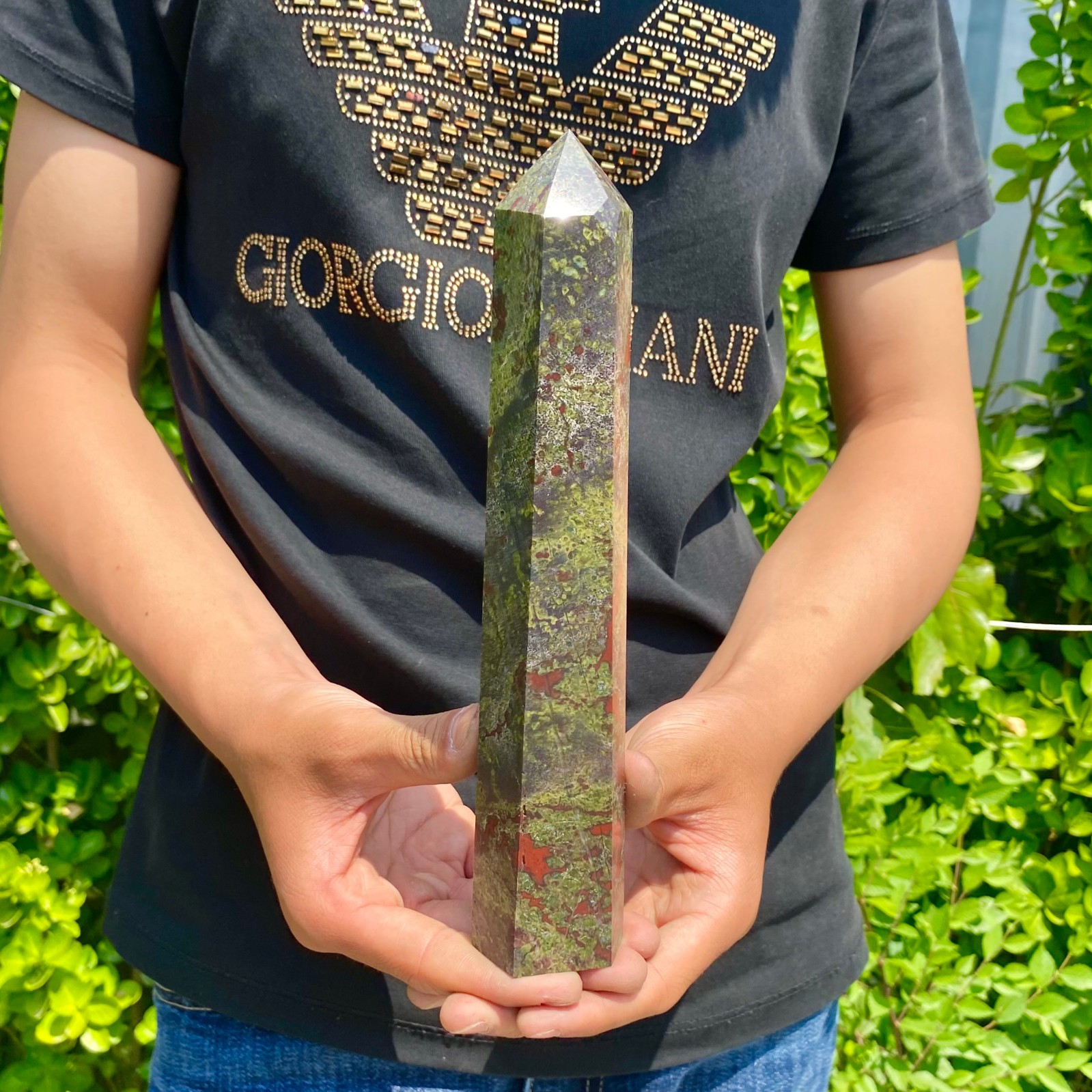 1.82LB Natural dragon’s blood stone obelisk quartz crystal column restoration