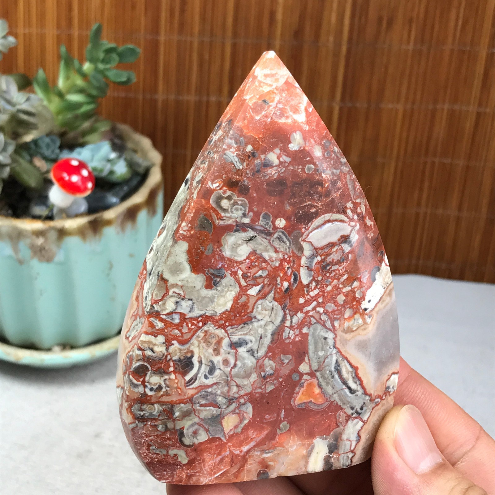 Natural money Mexico agate hand carve leaf Crystal Specimen free standing A6257
