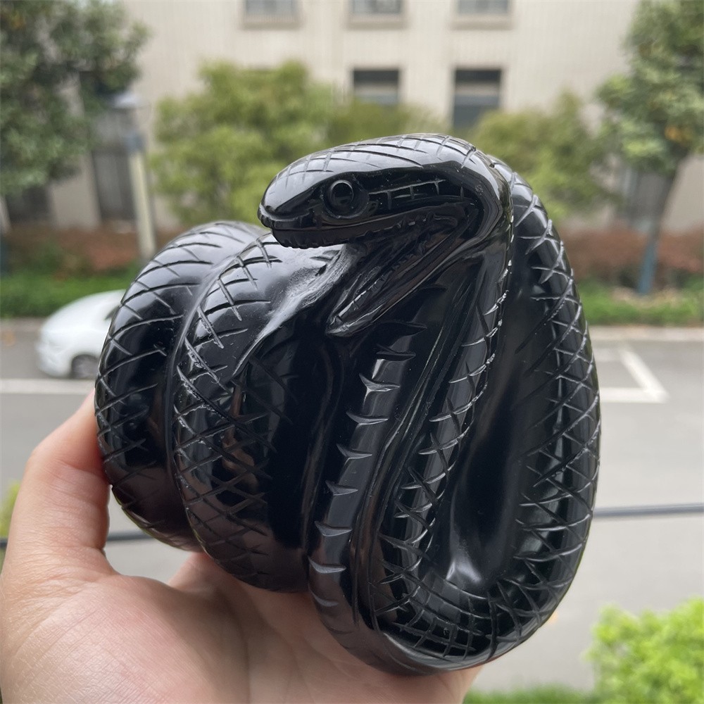 2.2LB 3.6″Natural Black Obsidian Snake Statue Crystal Reiki Heal Carving Decor