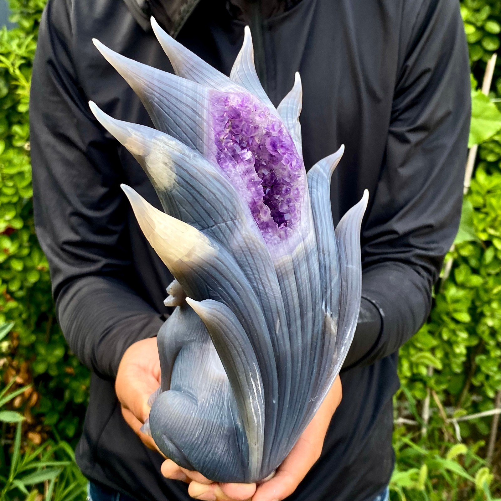 3.99LB Natural Agate Geode Hand Carved Nine-tailed Fox Quartz Crystal Decor