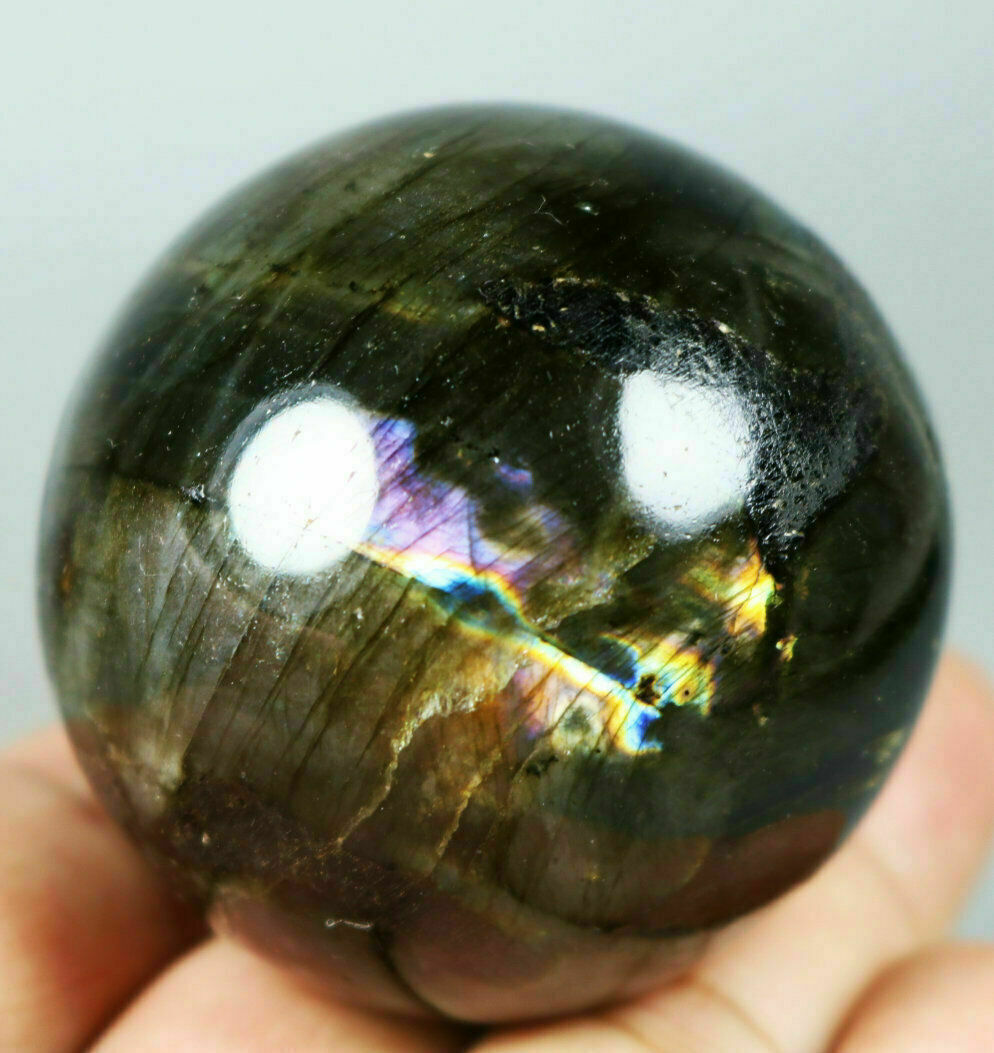 Natural Labradorite Stone Crystal Ball SPHERE Rosewood Stand Madagascar 51mm