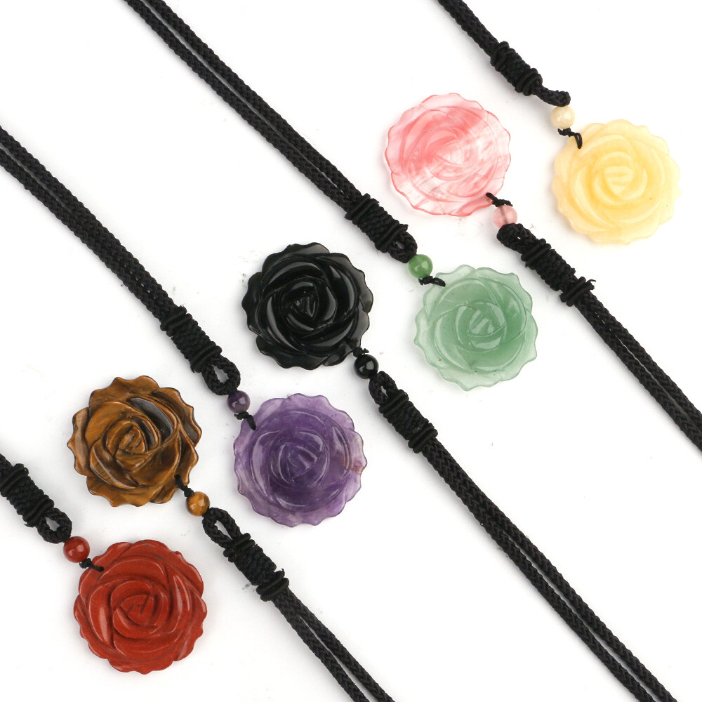 Natural 35mm Crystal Carved Rose Flower Necklace Gemstone Reiki Pendant Charm