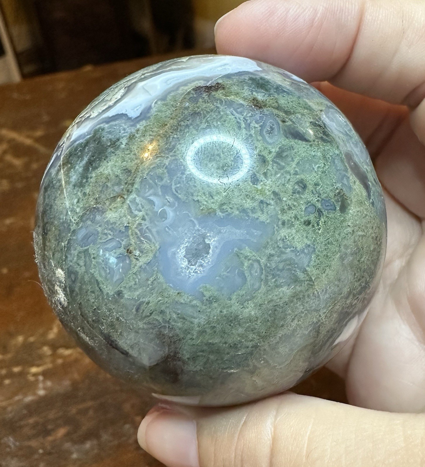 Green Moss Agate Sphere With Druzy And Butterfly Stand Free Shipping