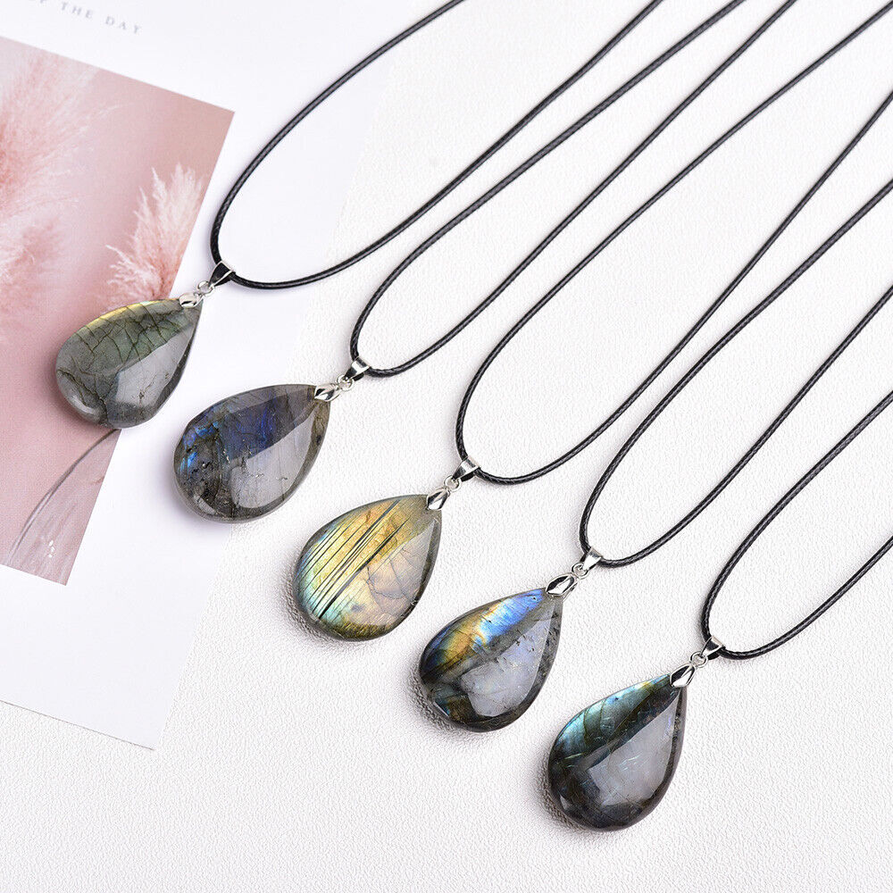 Natural Labradorite Oval Water Drop Necklace Crystal Pendant Stone Reiki Healing