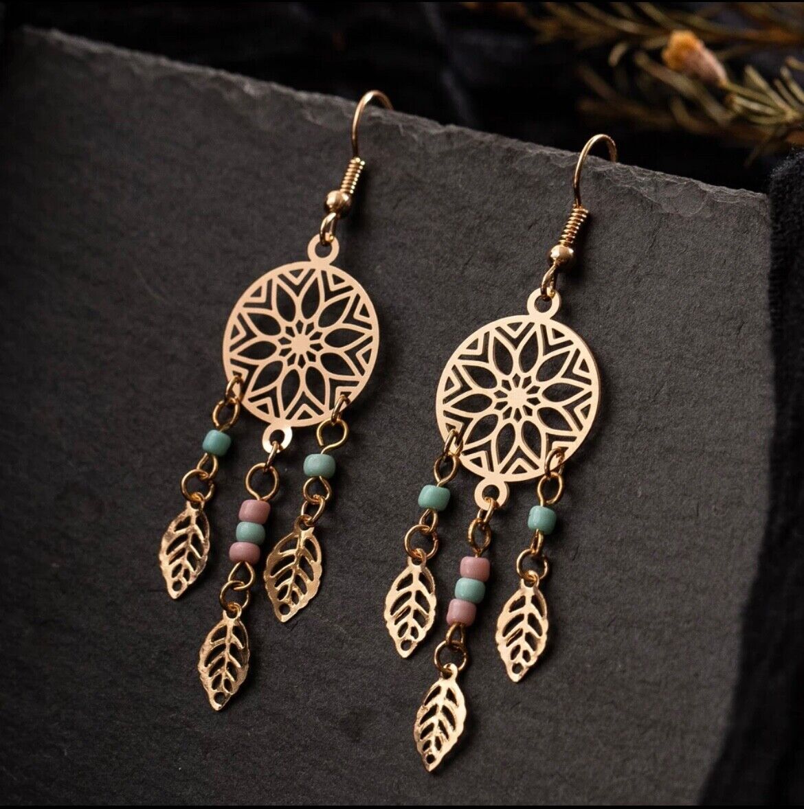 Women’s Fashion Jewelry Gold Tribal Feather Dream Catcher Drop Earrings