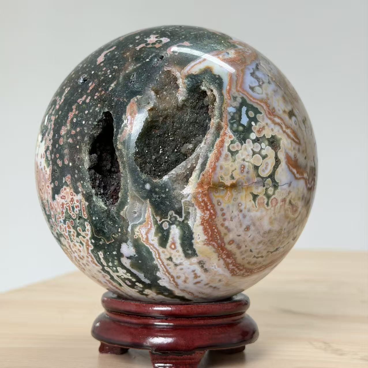 9.3LB 5.6″ Rare 8th Vein Ocean Jasper Druzy Pocket Sphere Crystal Unique Ball