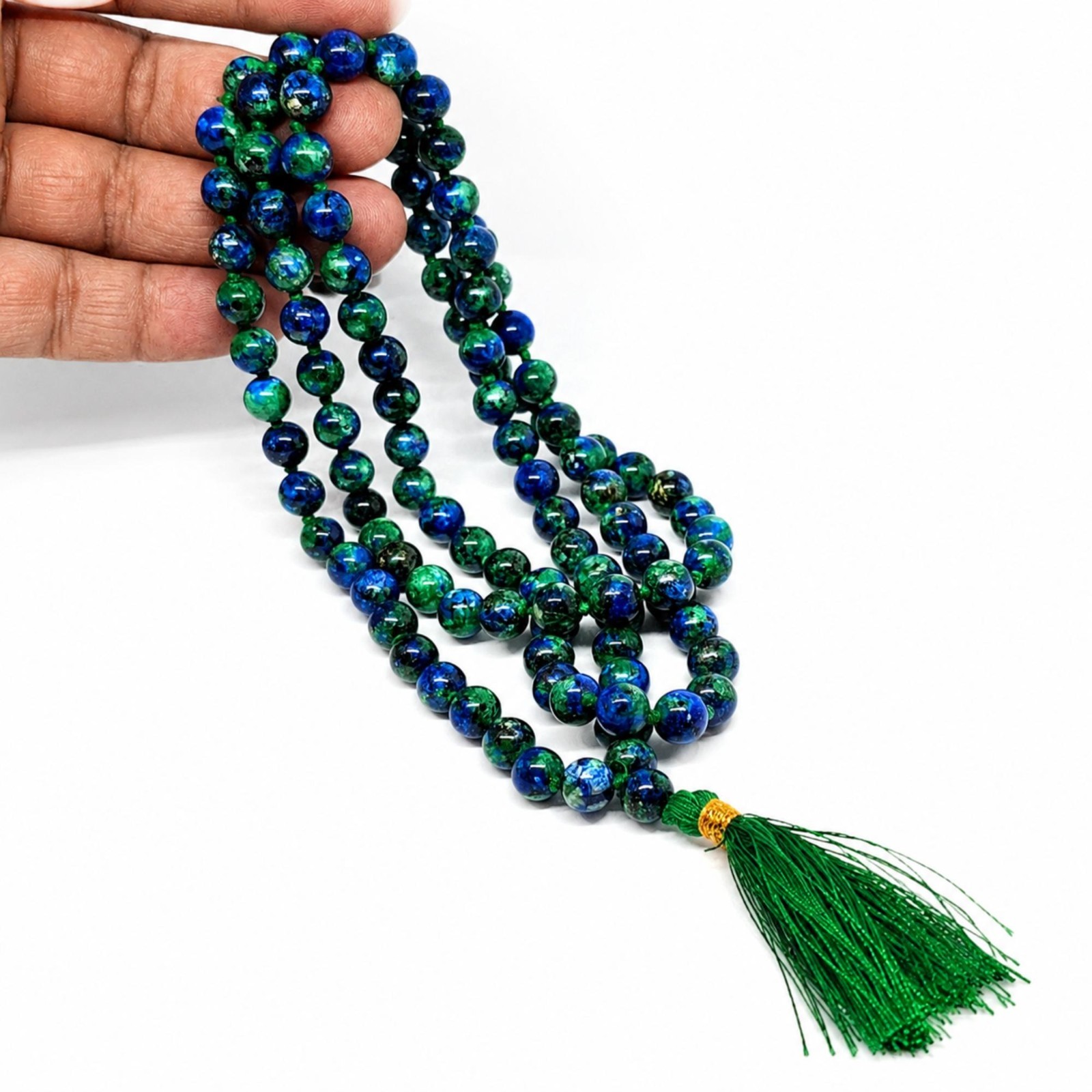 Chrysocolla Bead Necklace 43 Inch Knotted 8mm Gemstone Strand Tassel & Bag