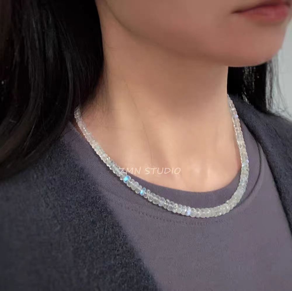 7mm Natural moonstone cut Beaded Necklace and Bracelet Set, Mother’s Day Gift