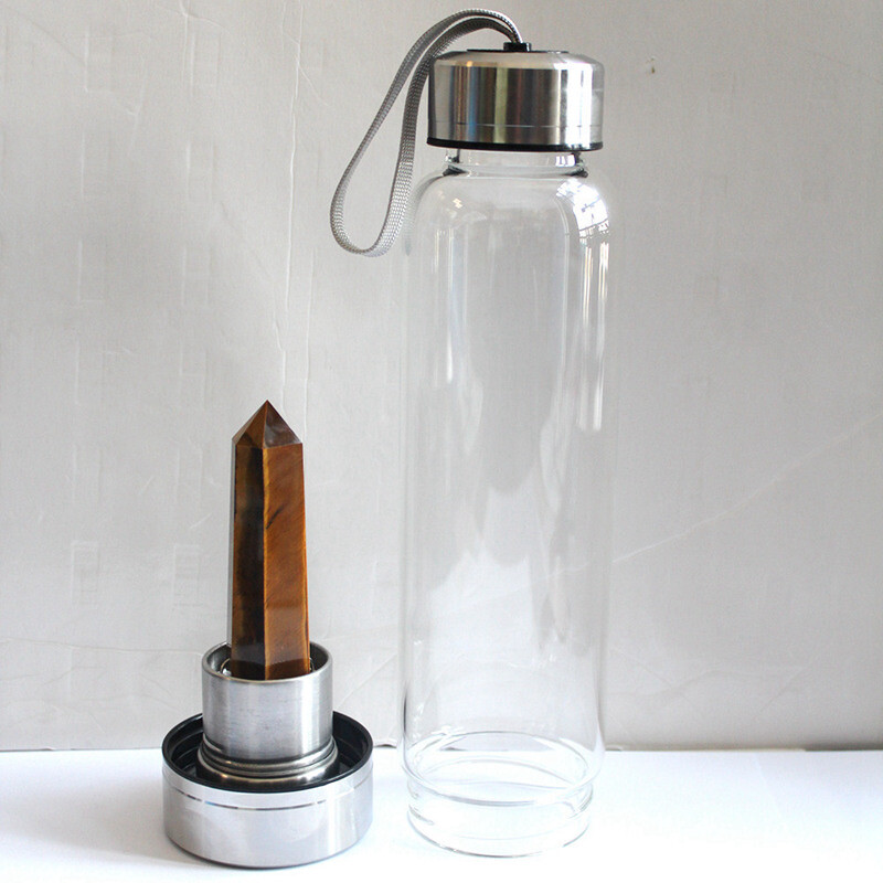 Natural Tiger’s Eye Quartz Crystal Elixir Water Bottle Cup Rock Stone Wand Reiki
