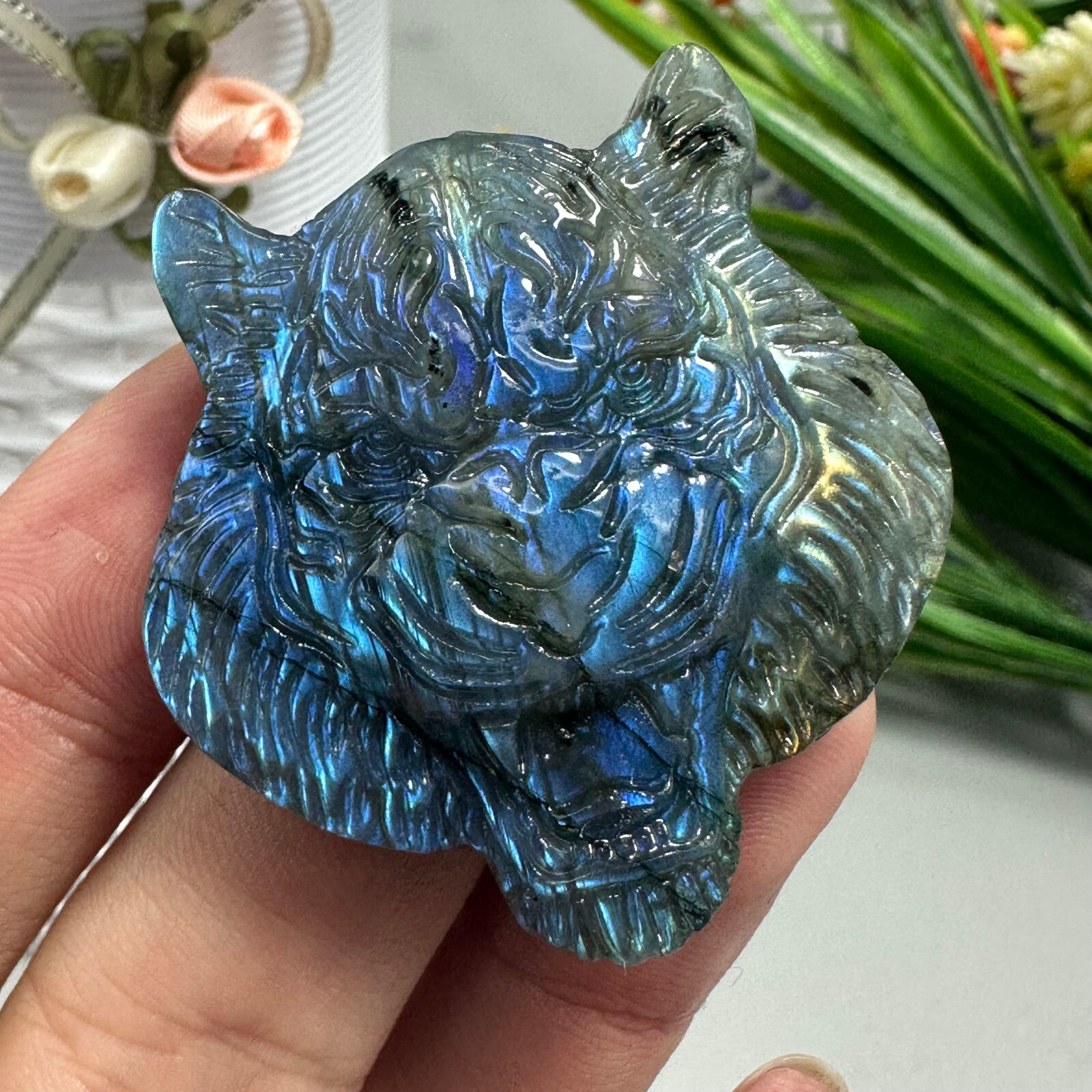 Natural Labradorite Carved Tiger Skull Quartz Skull Crystal Specimen Reiki Heal