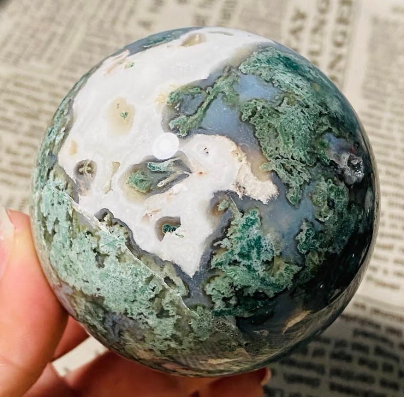 466g Natural Geode Aquatic Plant Water Grass Moss Agate Balls Crystal Sphere