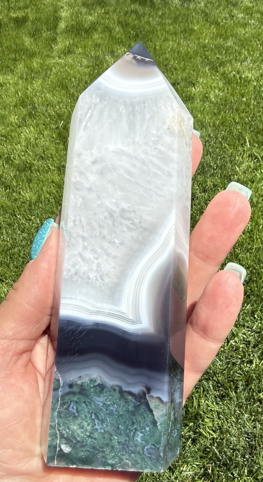 Large Natural Moss Agate in Quartz Crystal Tower White Plume Green Moss 6”