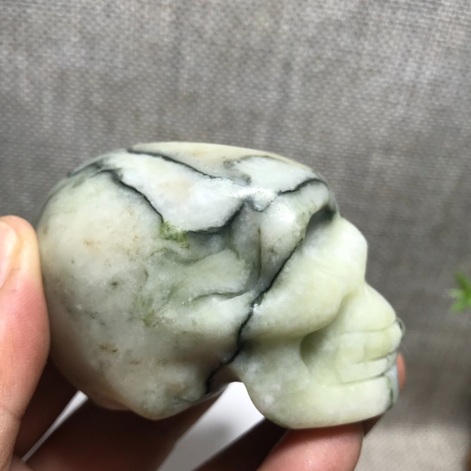 205g Natural Green Network Picasso Jasper Hand Carved Crystal Skull Realistic 10