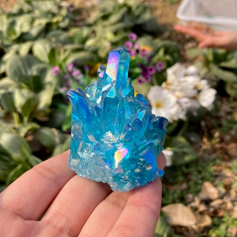 Titanium Aura Blue Crystal Rainbow Quartz Cluster Natural Geode Rocks Specimens