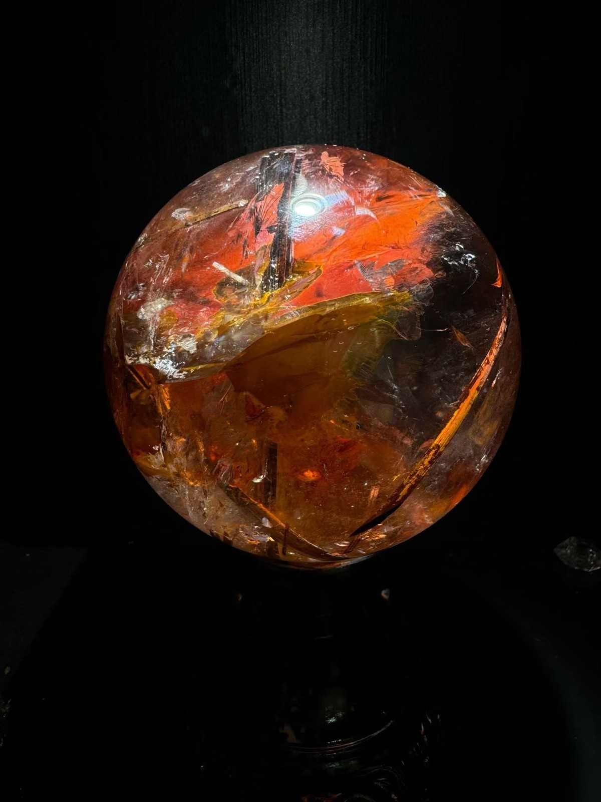 110mm A++ Natural Rare！Black tourmaline with red gum flowerquartz ball crystal