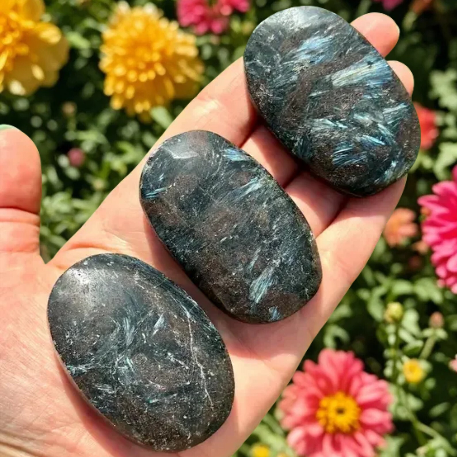 Arfvedsonite Palm Stone Polished Flashy Worry Stone Reiki Crystal Healing Gift