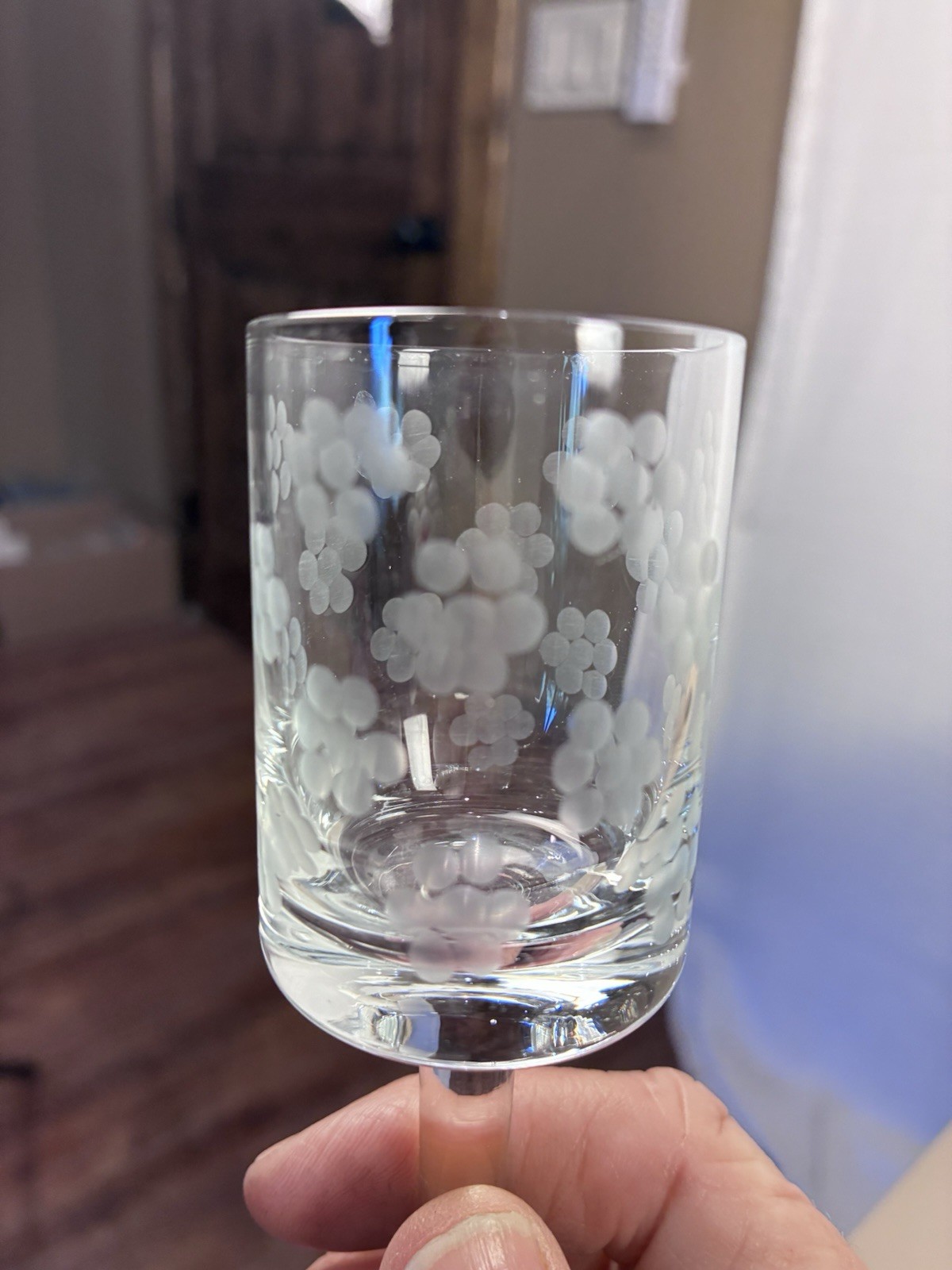 Crystal Sherry Cordial Stemware Glasses Etched Vintage Floral Designs 2 Ounce