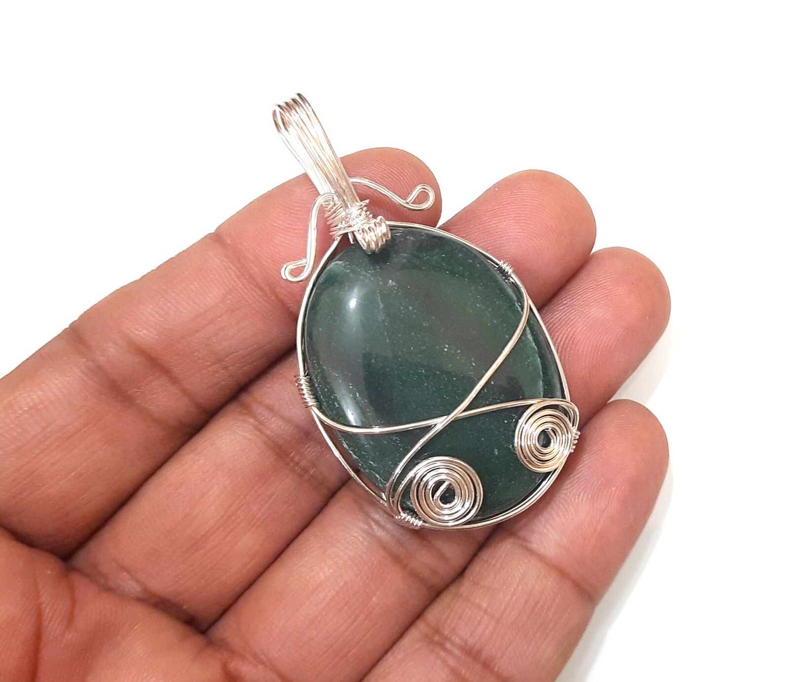 Natural stone Green Jade Wire Wrapped Unisex Pendant with cord and pouch