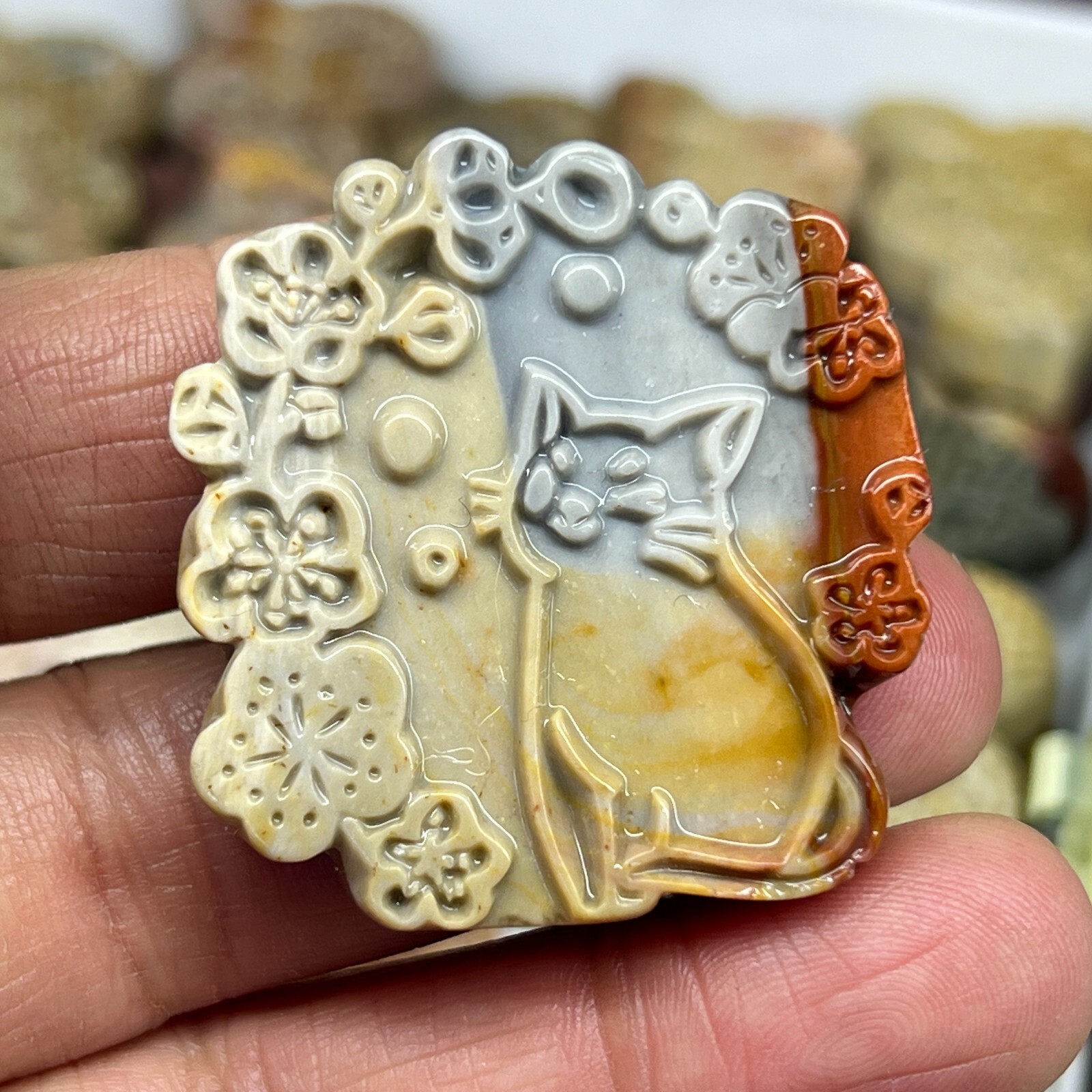 1PC Natural Ocean jasper Quartz Hand Carved Cats Crystal Reiki Healing