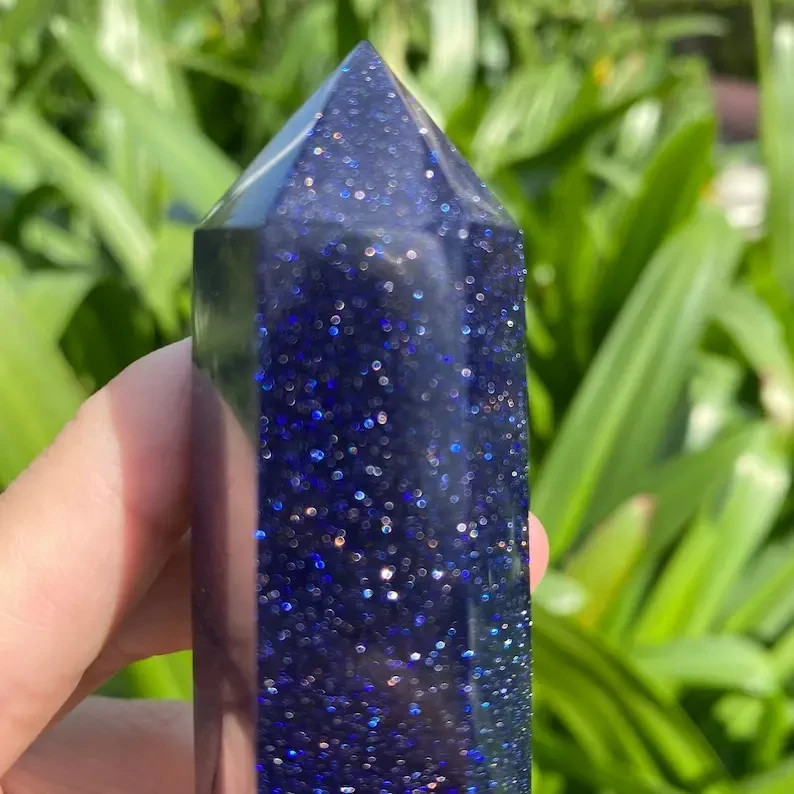 Blue Goldstone Healing Crystal Tower Point Reiki Obelisk Metaphysical Decor Gift