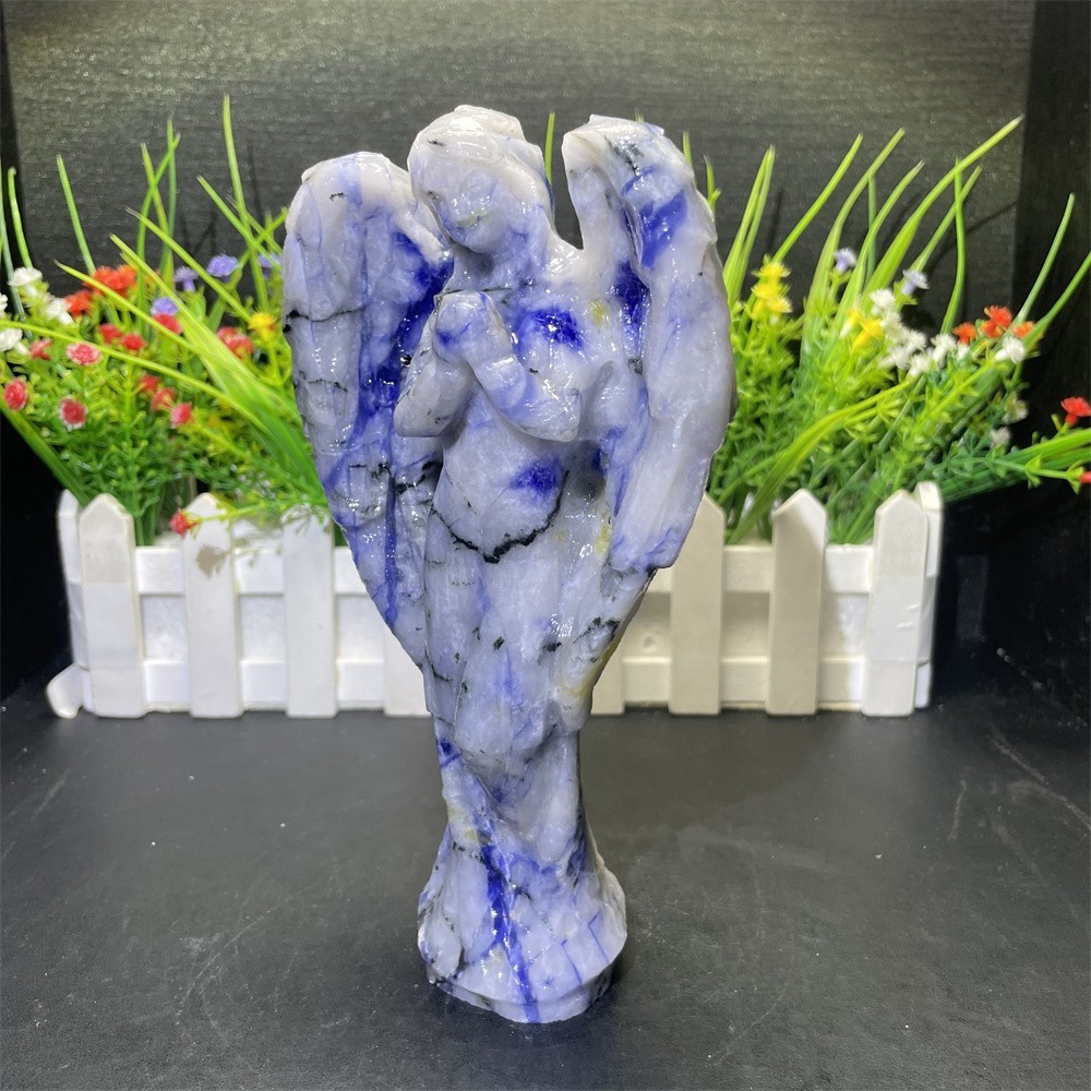 1.5LB 7.2″ Natural Sodalite And Quartz Angel Carving Crystal Quartz UV Reiki