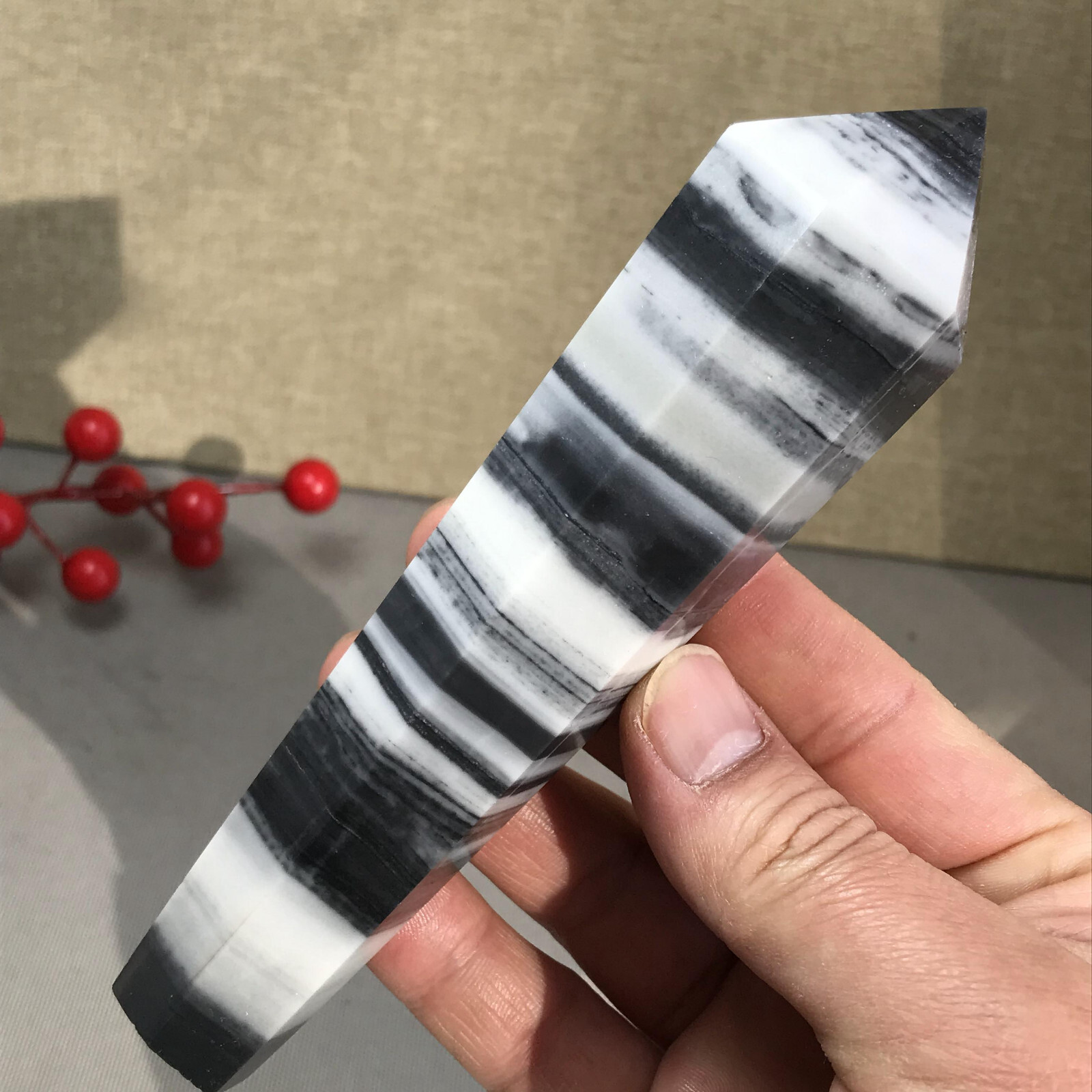 151mm Long Natural Taiji Stone stripe wand Obelisk Crystal specimens 255g A5779
