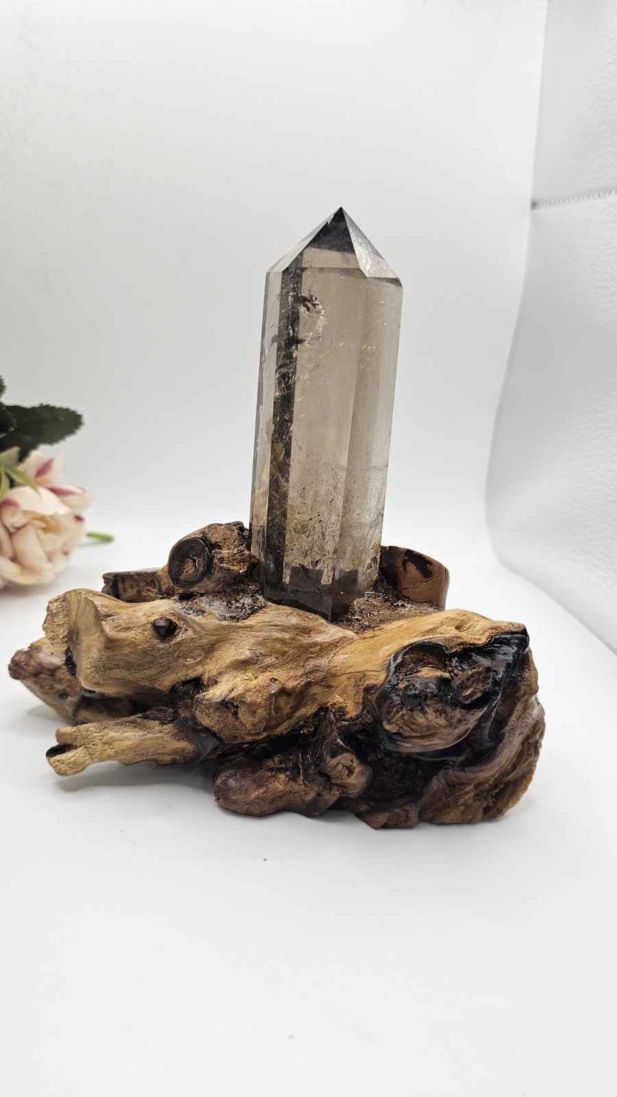 A Grade Smokey Quartz Freeform On Wood Root Base Point 261g 15.5cm smoky
