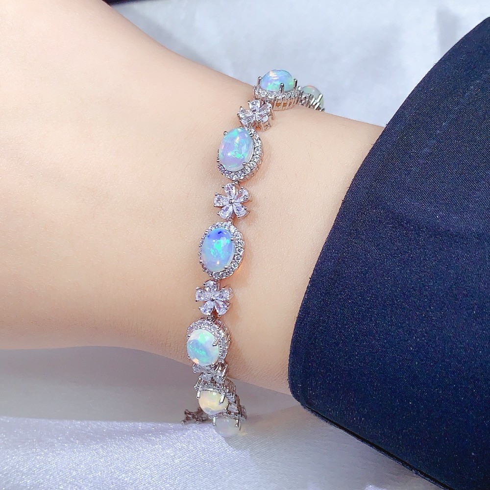 Natura oval opal bracelet Gemstone jewelry S925 Silver Plated 18K Gold Gift
