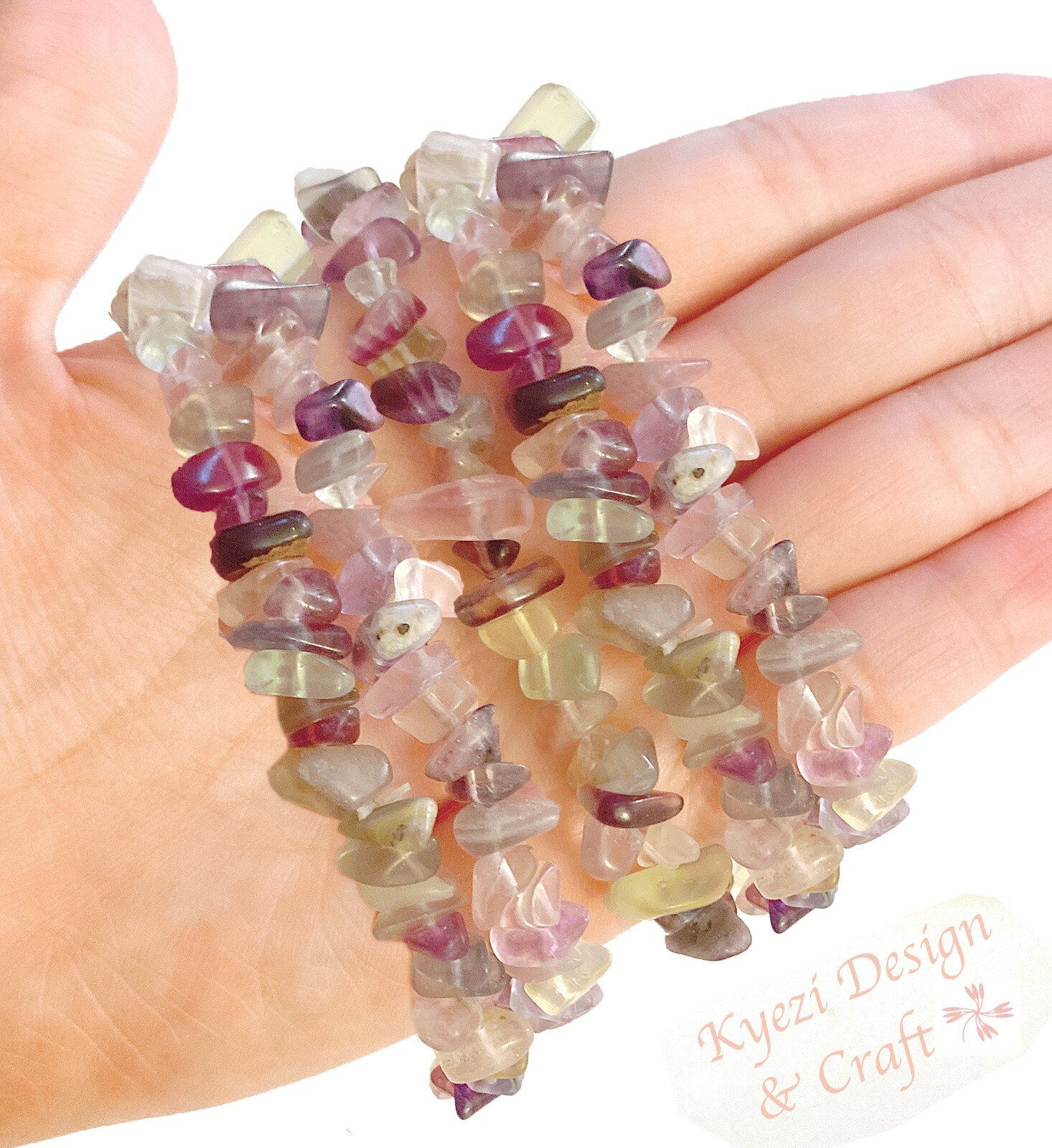 Pink Flourite Natural Crystal Gemstone Chip Stretchy Jewelry Bracelet