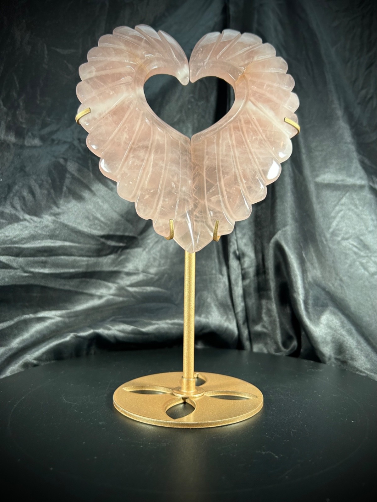 10.5″ Rose Quartz Heart Wings With Metal Stand 1lb 1oz (482 grams)
