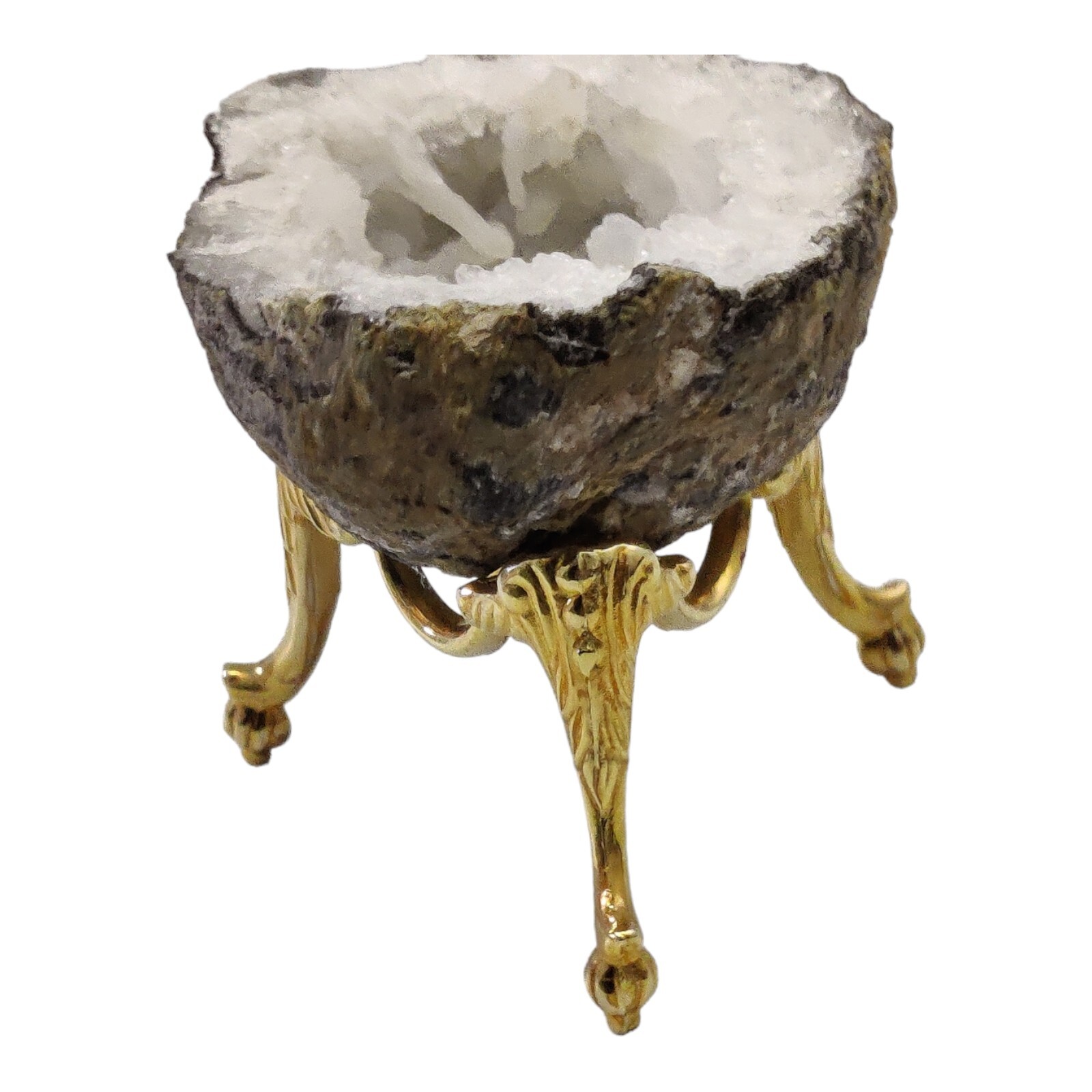 Crystal Stone Irregular Natural Stone Slice Quartz Cluster On Gold Footed Stand