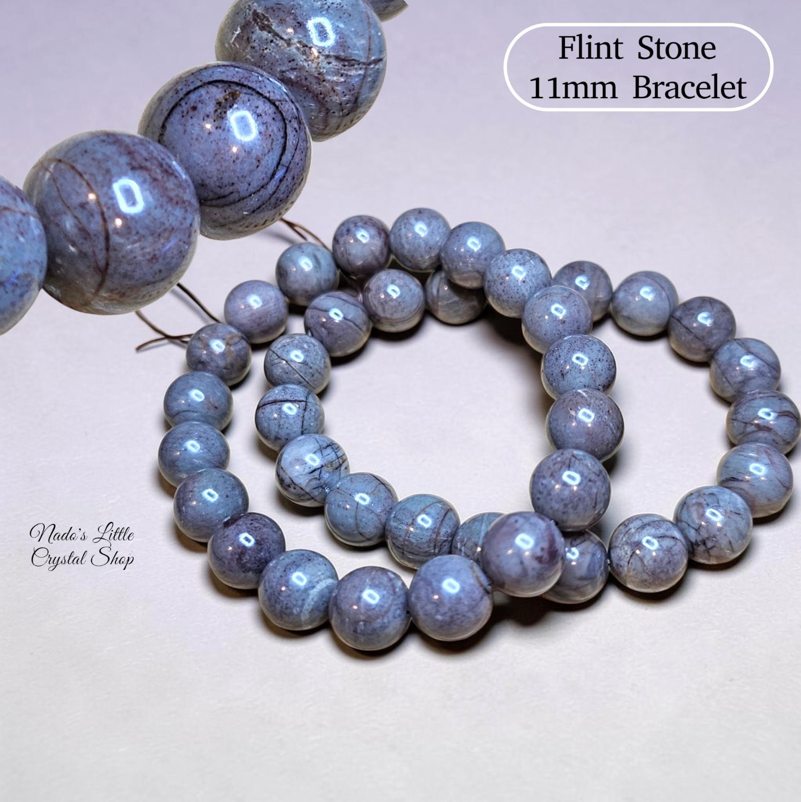 Natural Flint Stone 11mm Bracelet Round Beads 7.5 Inches Wrist Size