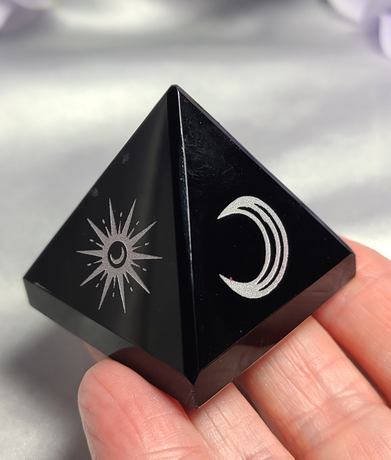 1.7″ Black Obsidian Sphere Crystal Pyramid Silver Engraved Moon & Stars Wiccan