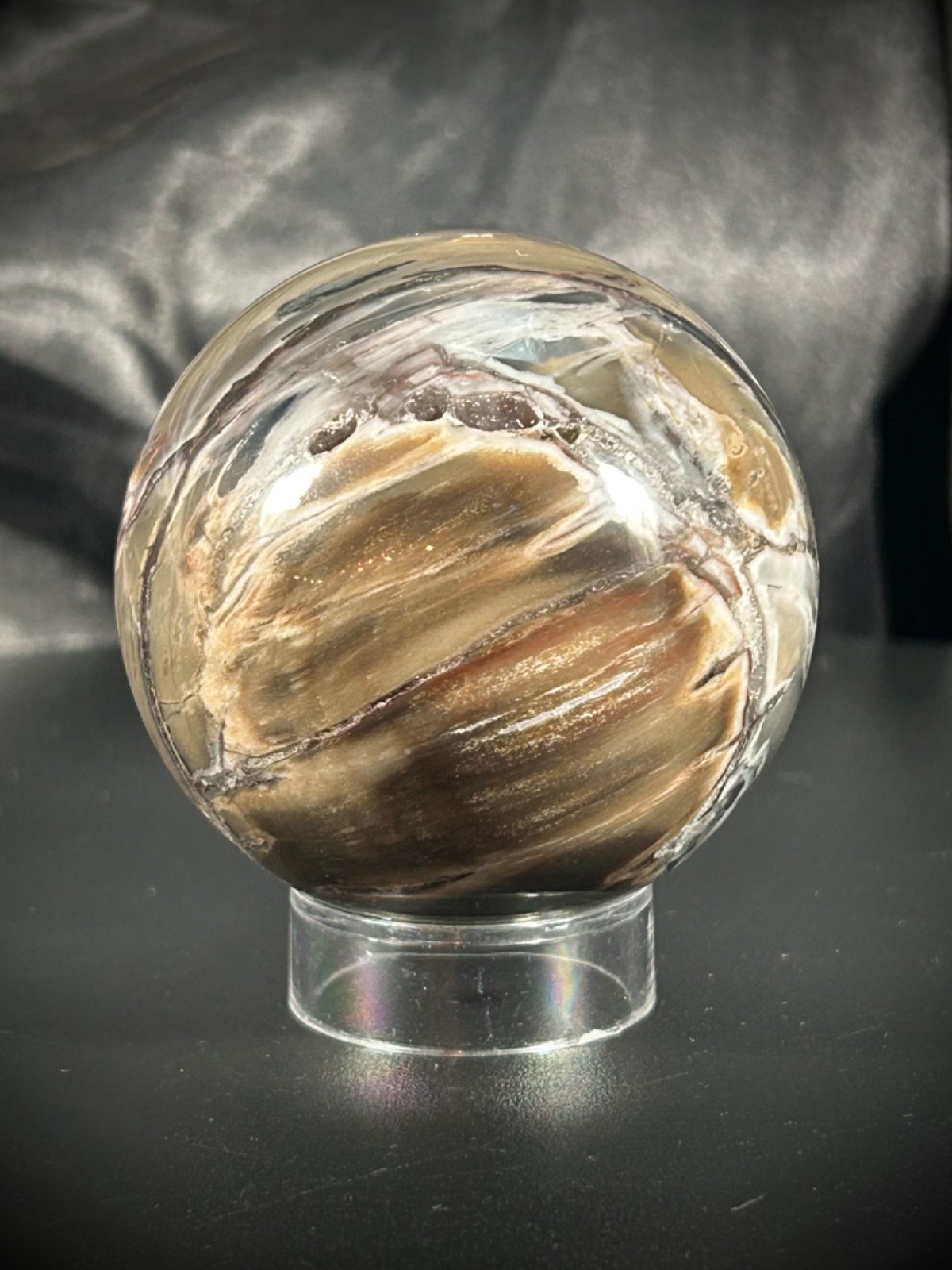 2.33″ Petrified Wood Sphere With Acrylic Stand UV REACTIVE 10.1oz
