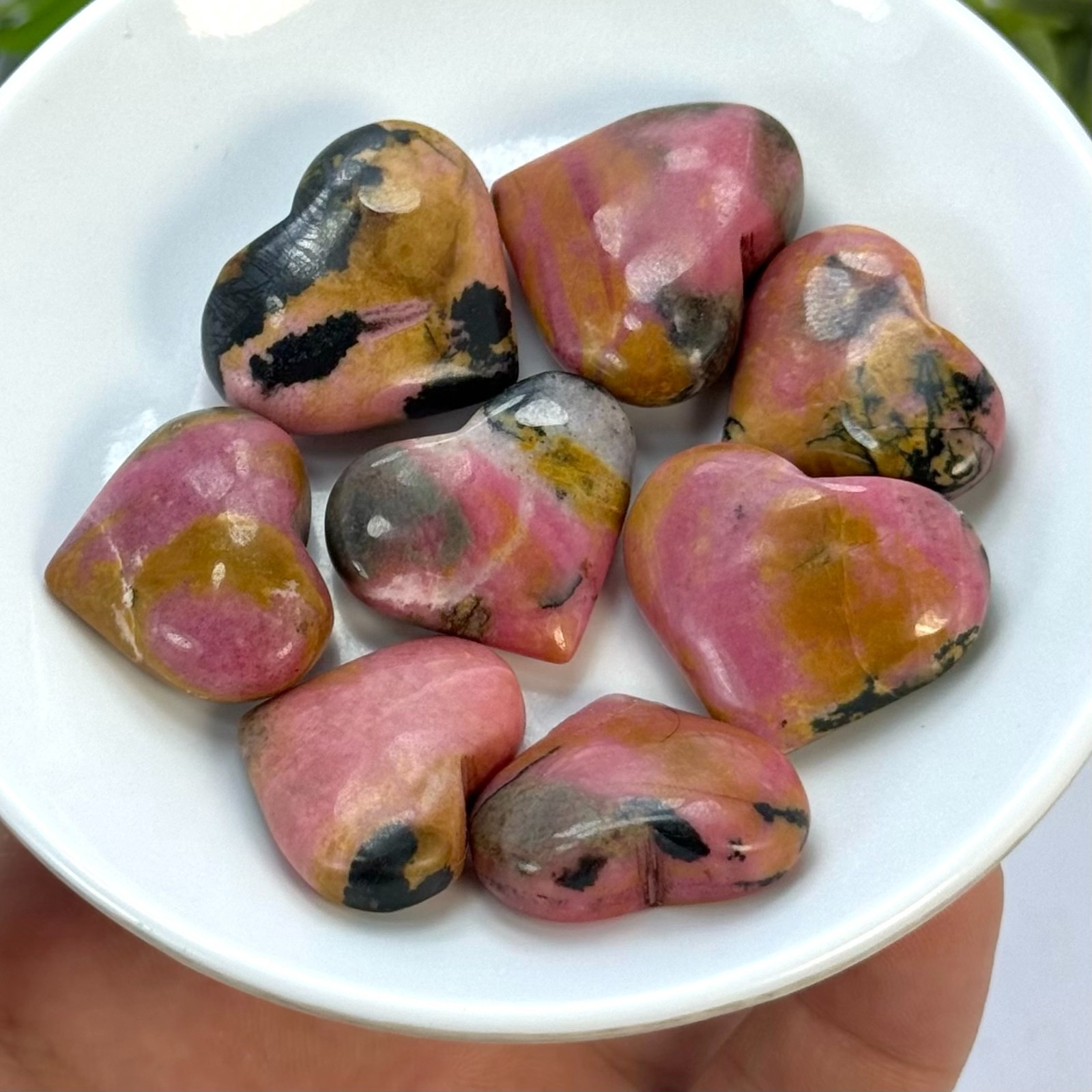 Pink Polished Rhodonite Crystal Heart Stones, Rhodonite Polished Pink Heart Ston