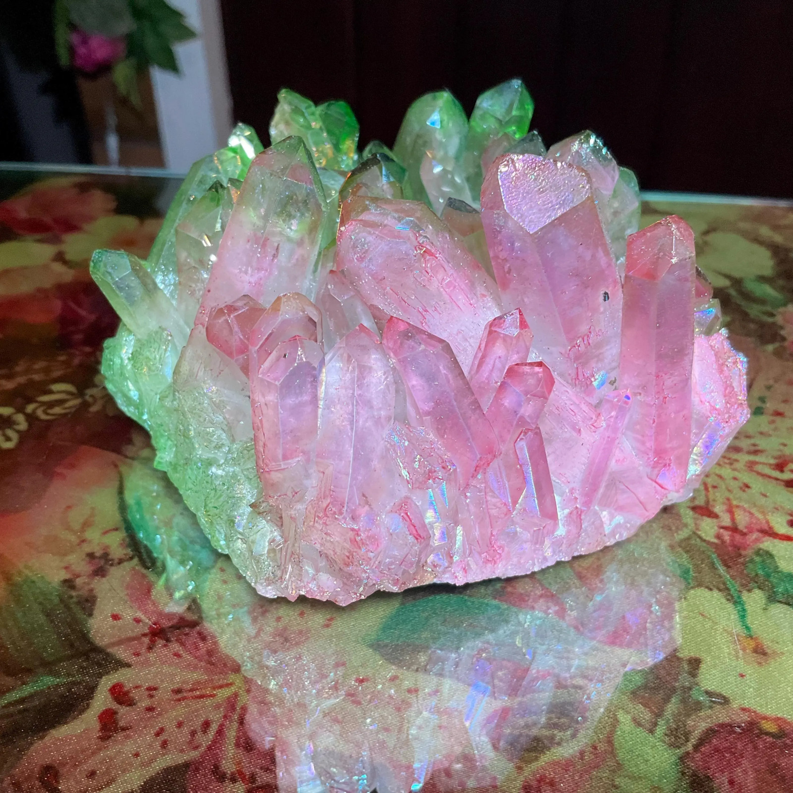Pink & Green Aura Quartz Crystal Cluster ~ Large 1 Lb. 4 oz. ~ 4″ Long ~ Electr