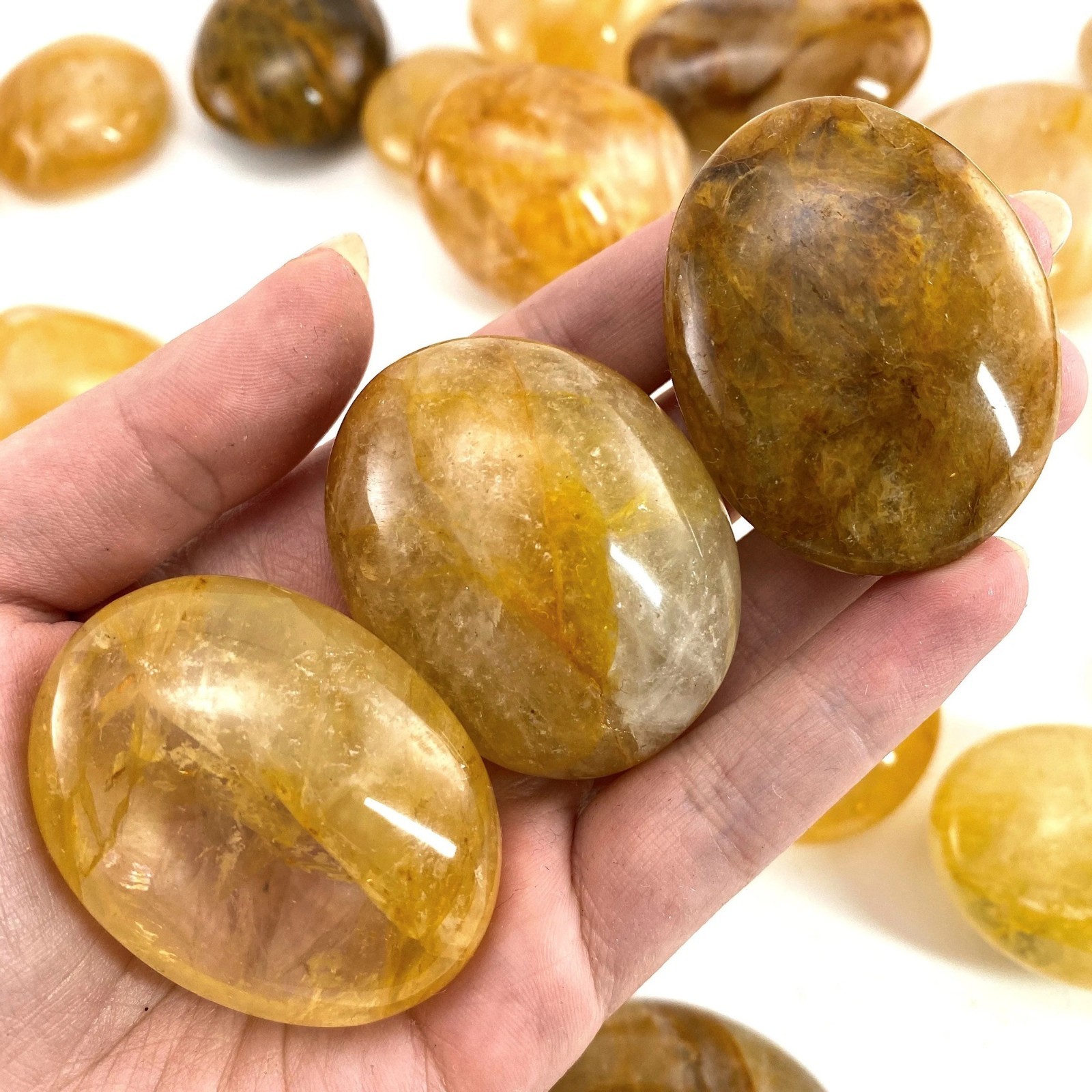 0.3LB Natural Crystal Yellow Fire Quartz Palm Stone Golden Healer Polished Gift