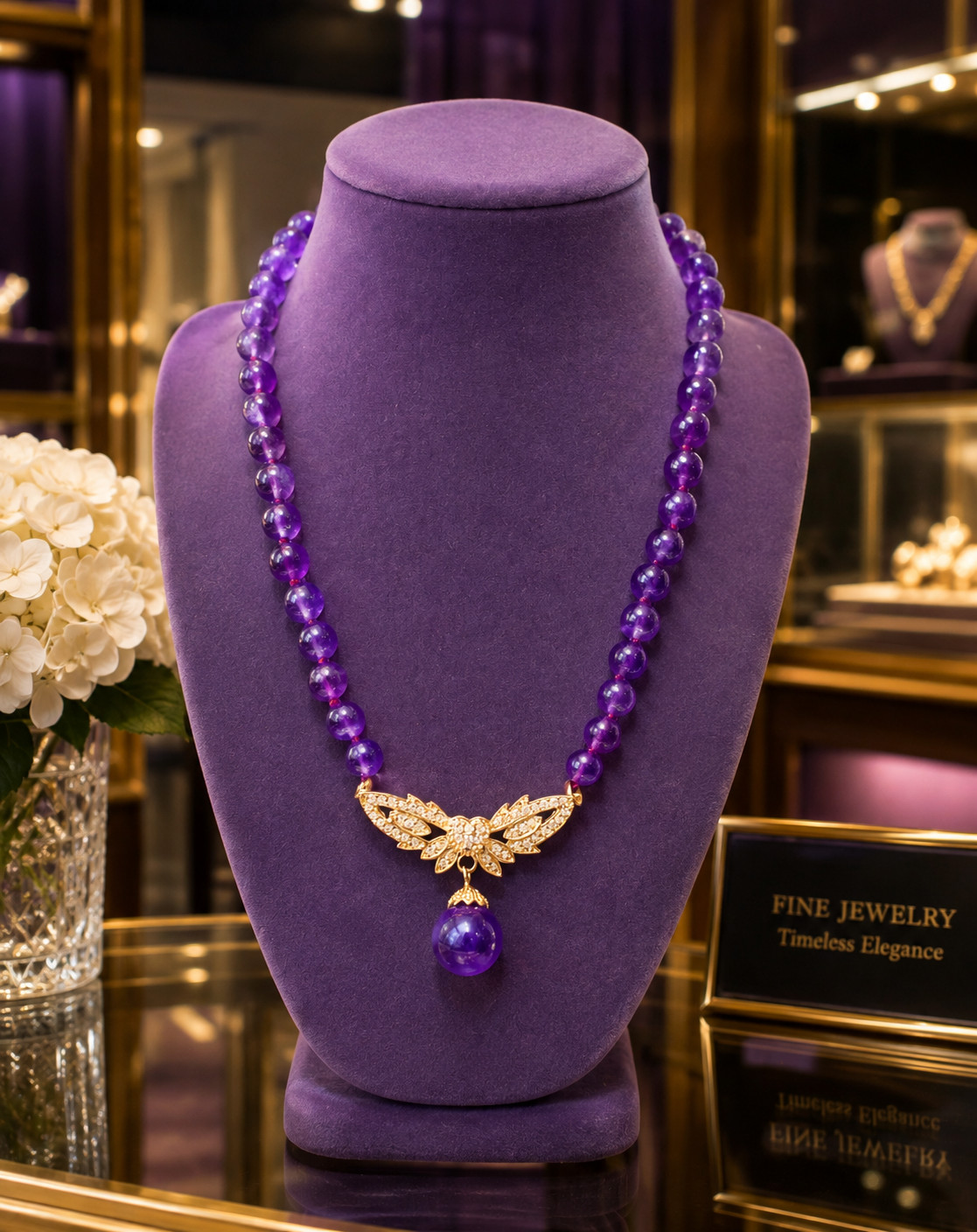 VTG Hand Knotted Purple Gemstone Necklace Likely Amethyst 18″ Rhinestone 43.6g