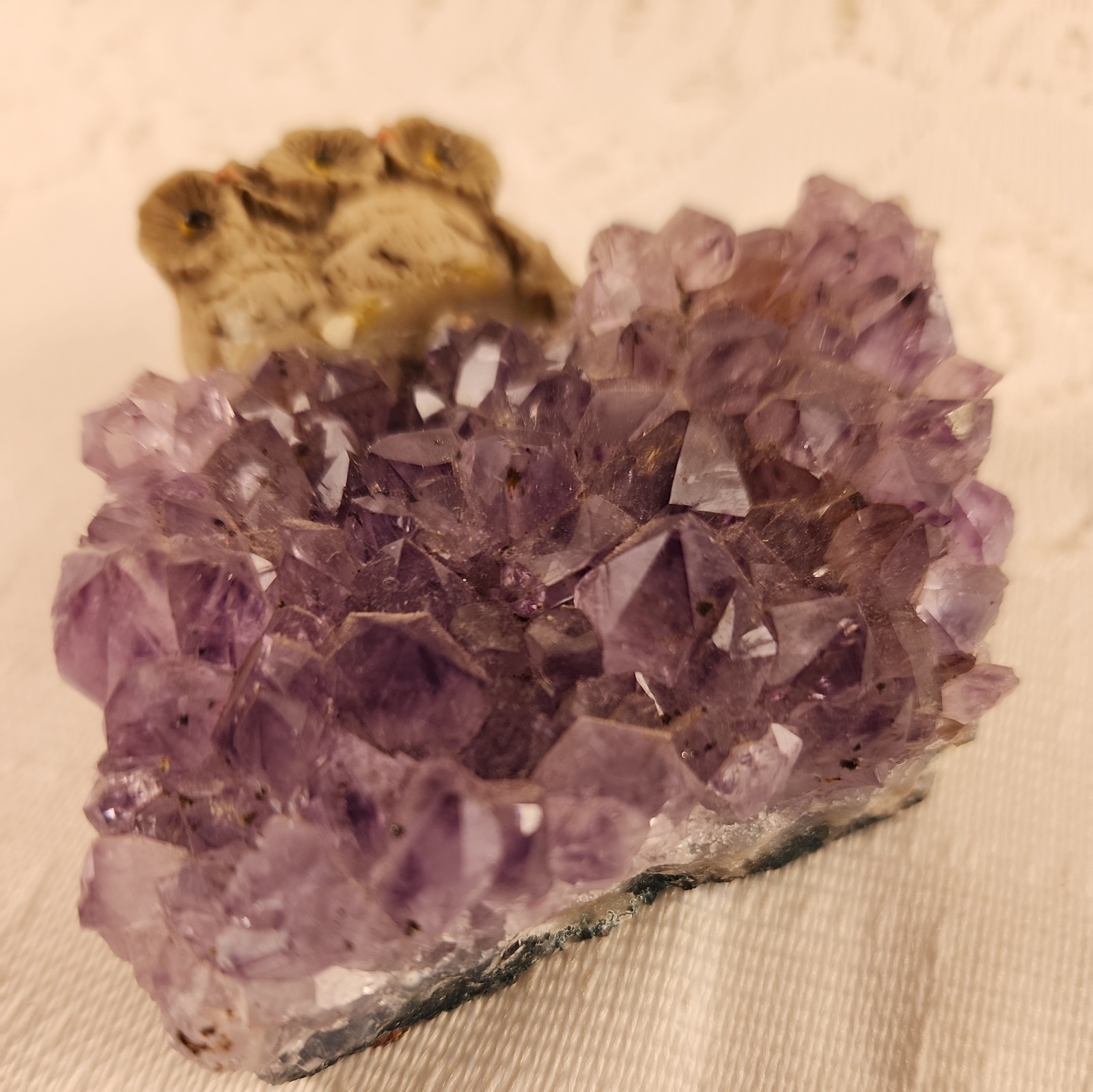 geode amethyst geode quartz cluster crystal with two resin owls perched 2.75in T