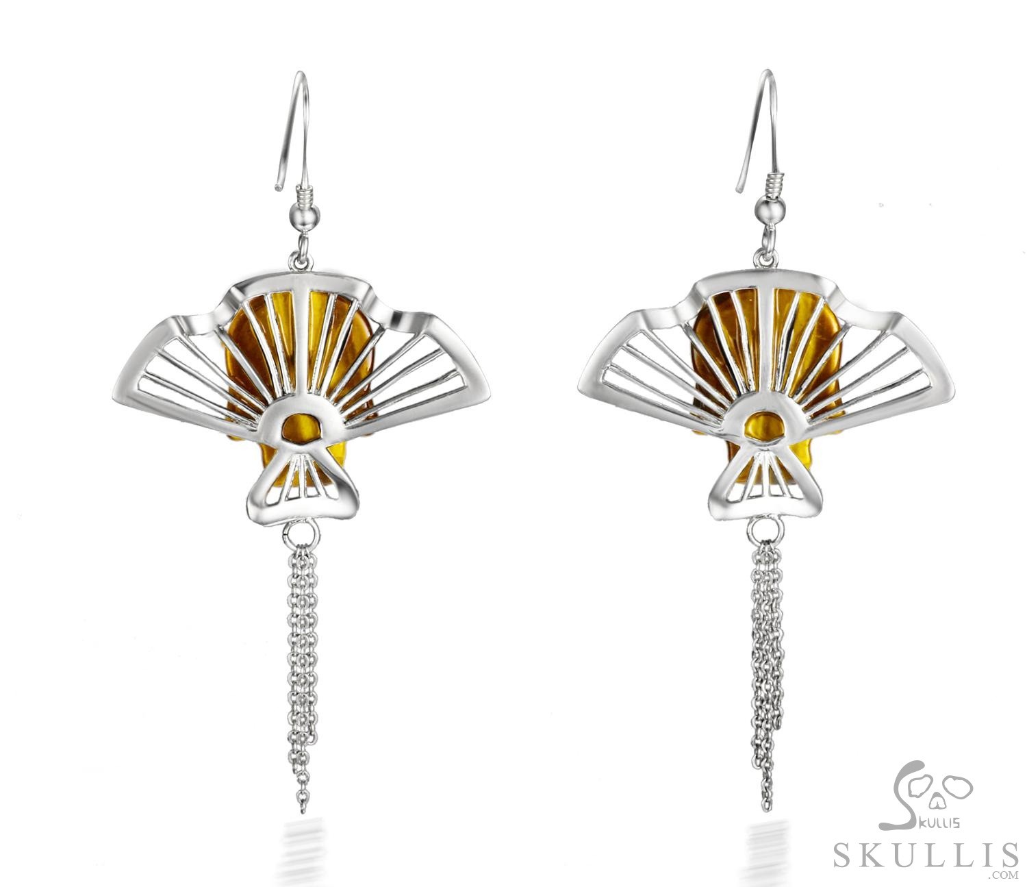 Gemstone Gold Tiger Eye & 925 Sterling Silver Carved Crystal Skull Earrings