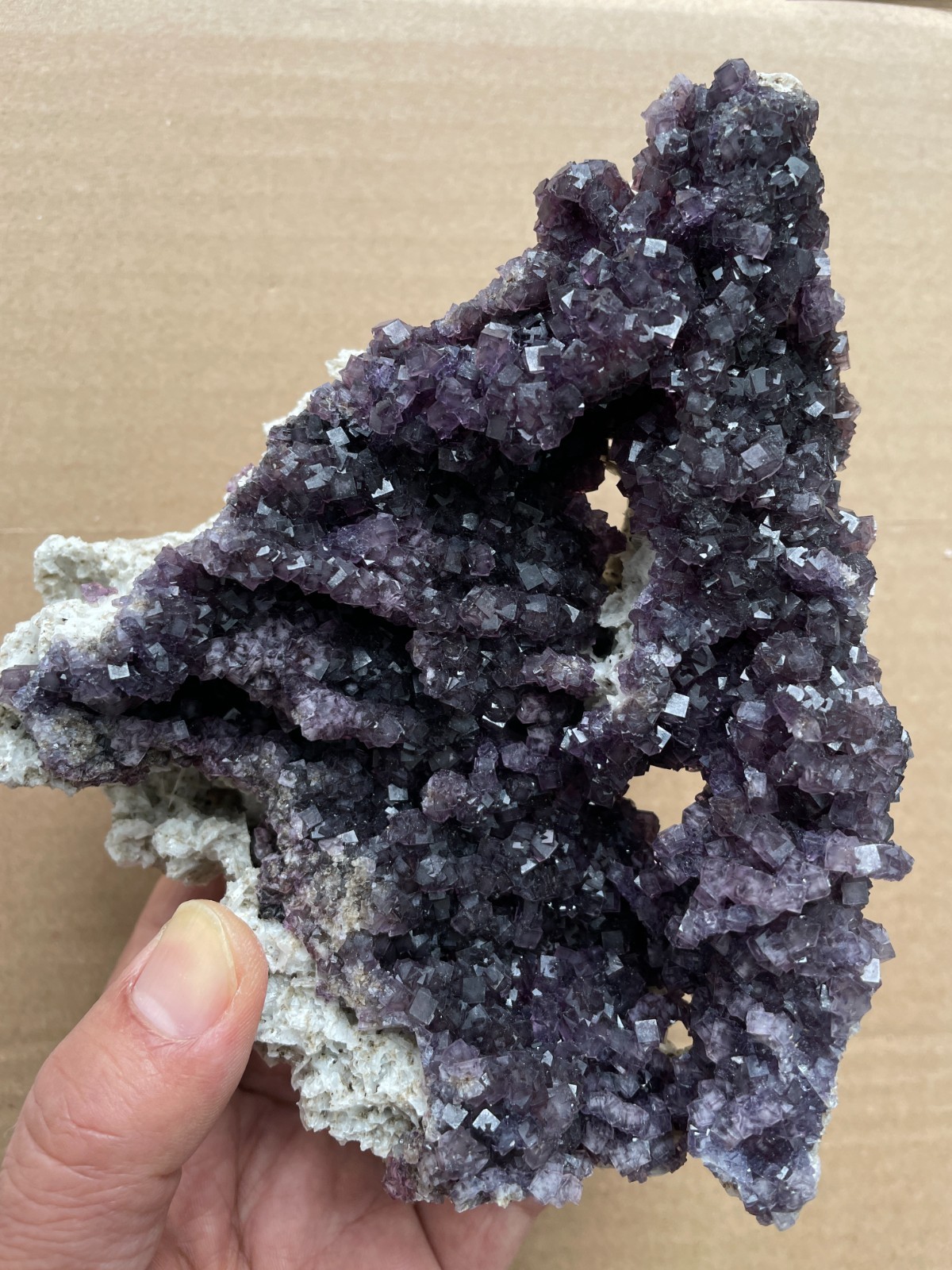 570g Natural cube fluorite on gypsum color-changing magical Landscape stone