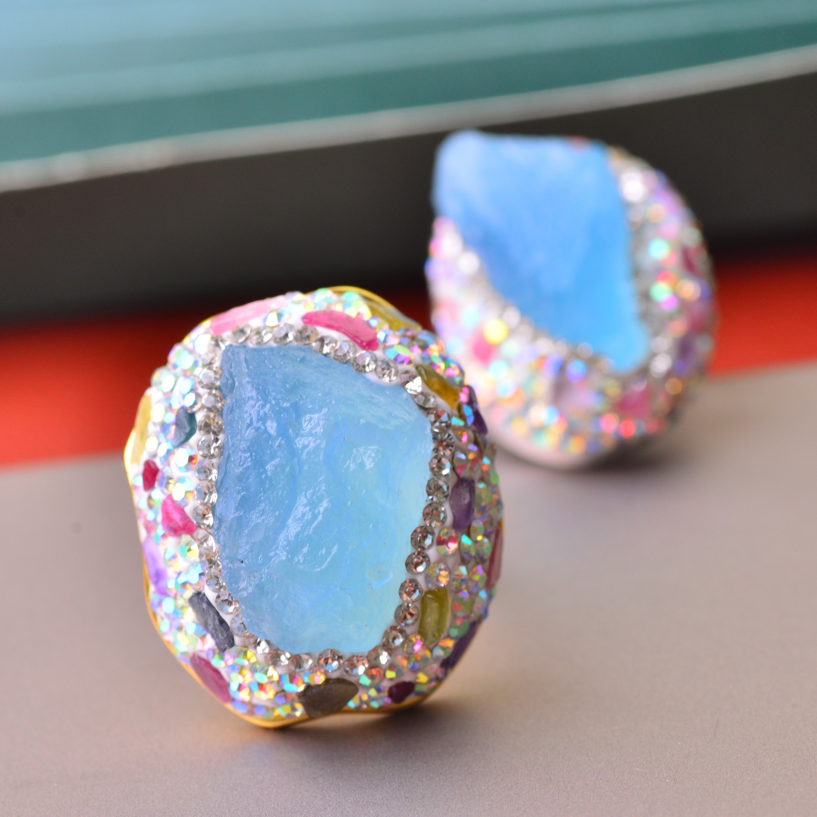 Aquamarine ring, alloy inlaid with handmade gemstone jewelry Energy Crystal