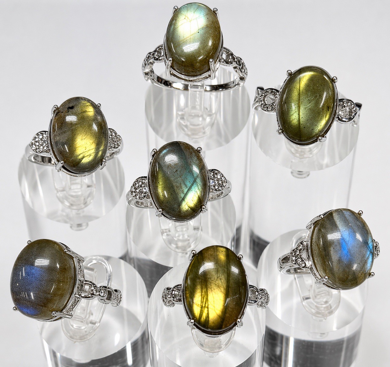 Wholesale 7 Pcs Natural Labradorite Stainless Steel Rings(316) Crystal 12x16mm