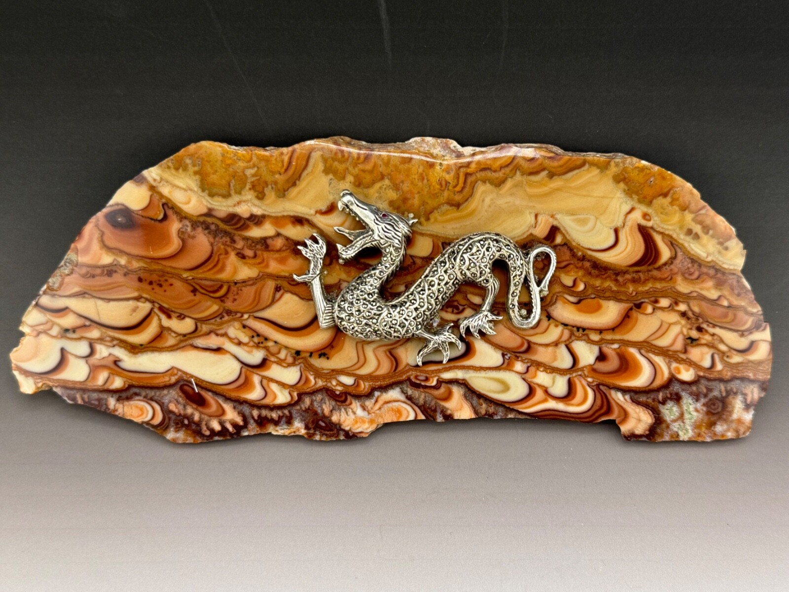 164 gr Wave Dolomite Slab Sterling Silver and Marcasite Dragon Amazing Piece!