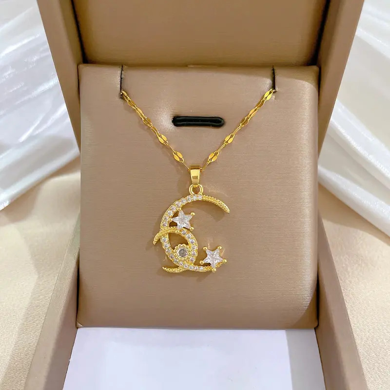 Fashion Jewelry Gold Cubic Zircon Crescent Moon And Stars Pendant Necklace 1PC